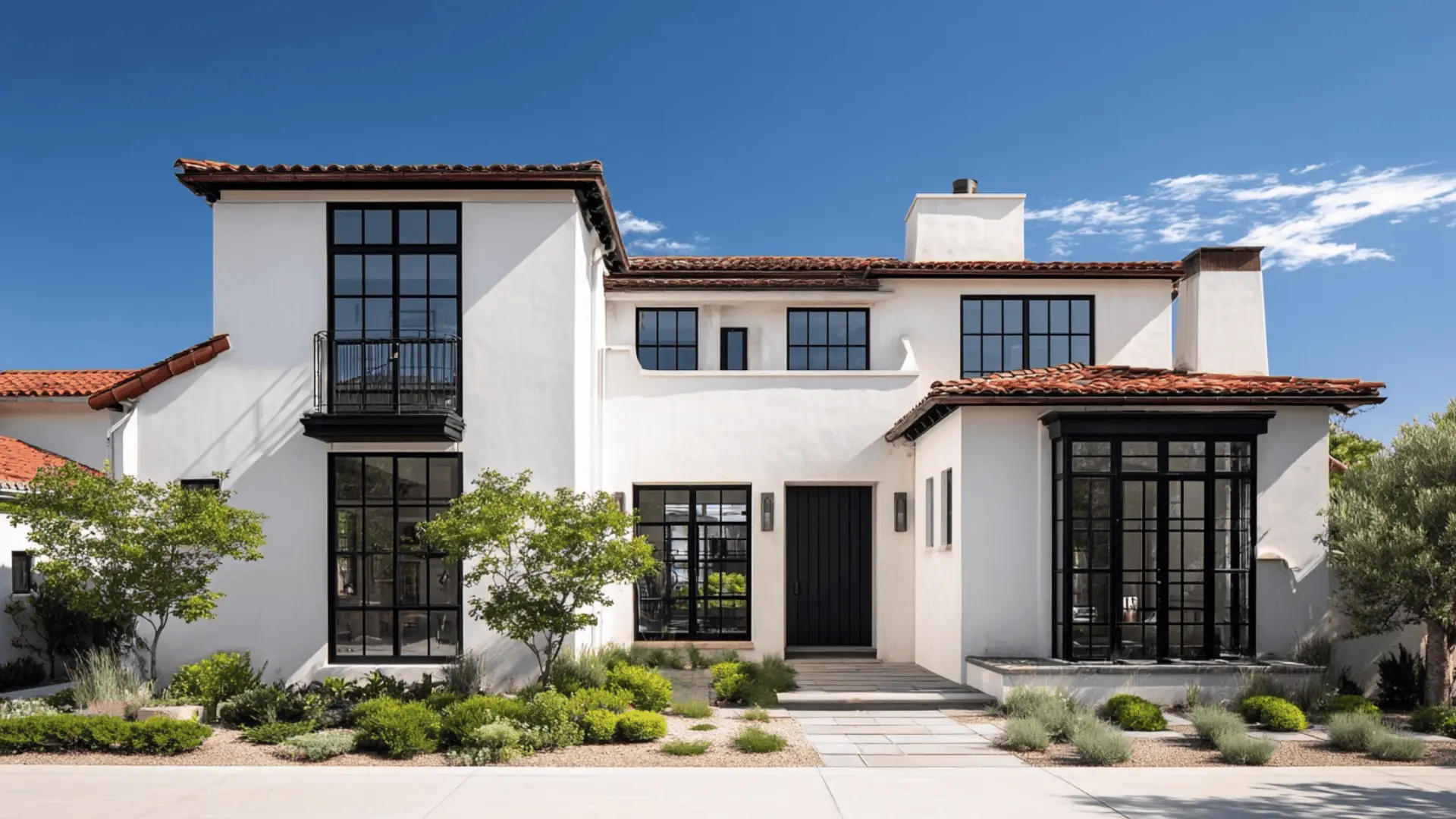 a modern Spanish home with black windows 