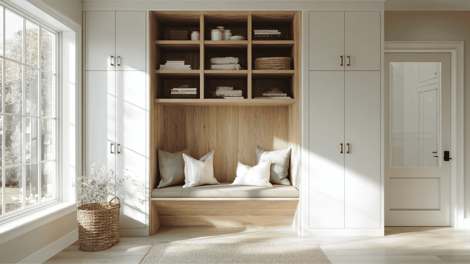 Mudroom with tall pantry-style cabinets for sports gear and storage.