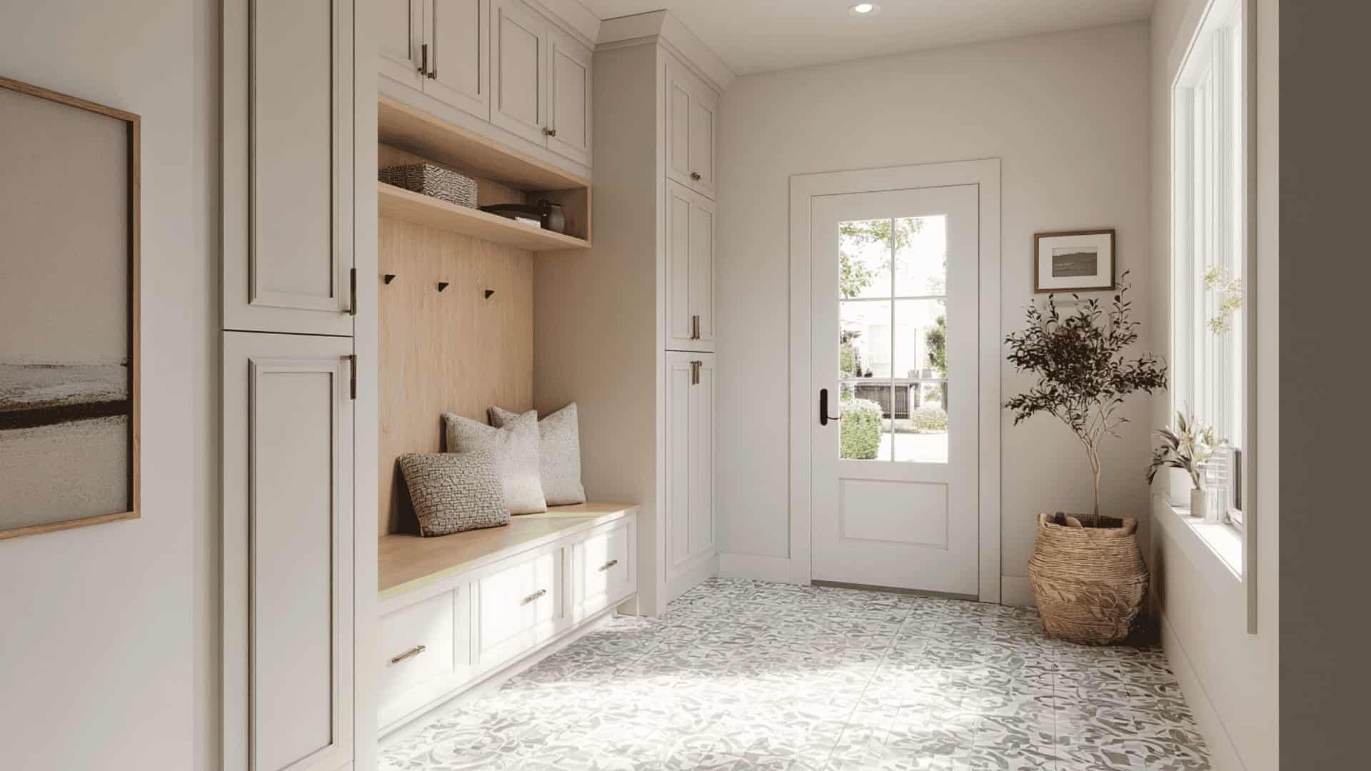 Mudroom with subtle patterned tile flooring and clean built-in bench storage