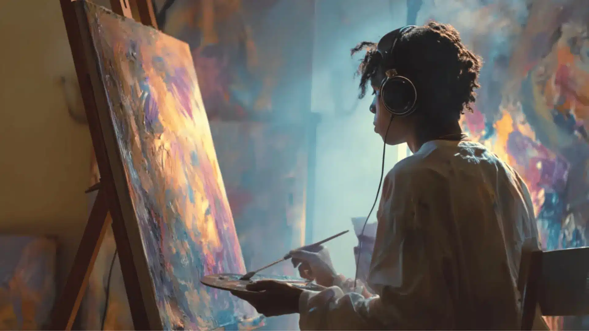 a teenager experiencing music with painting