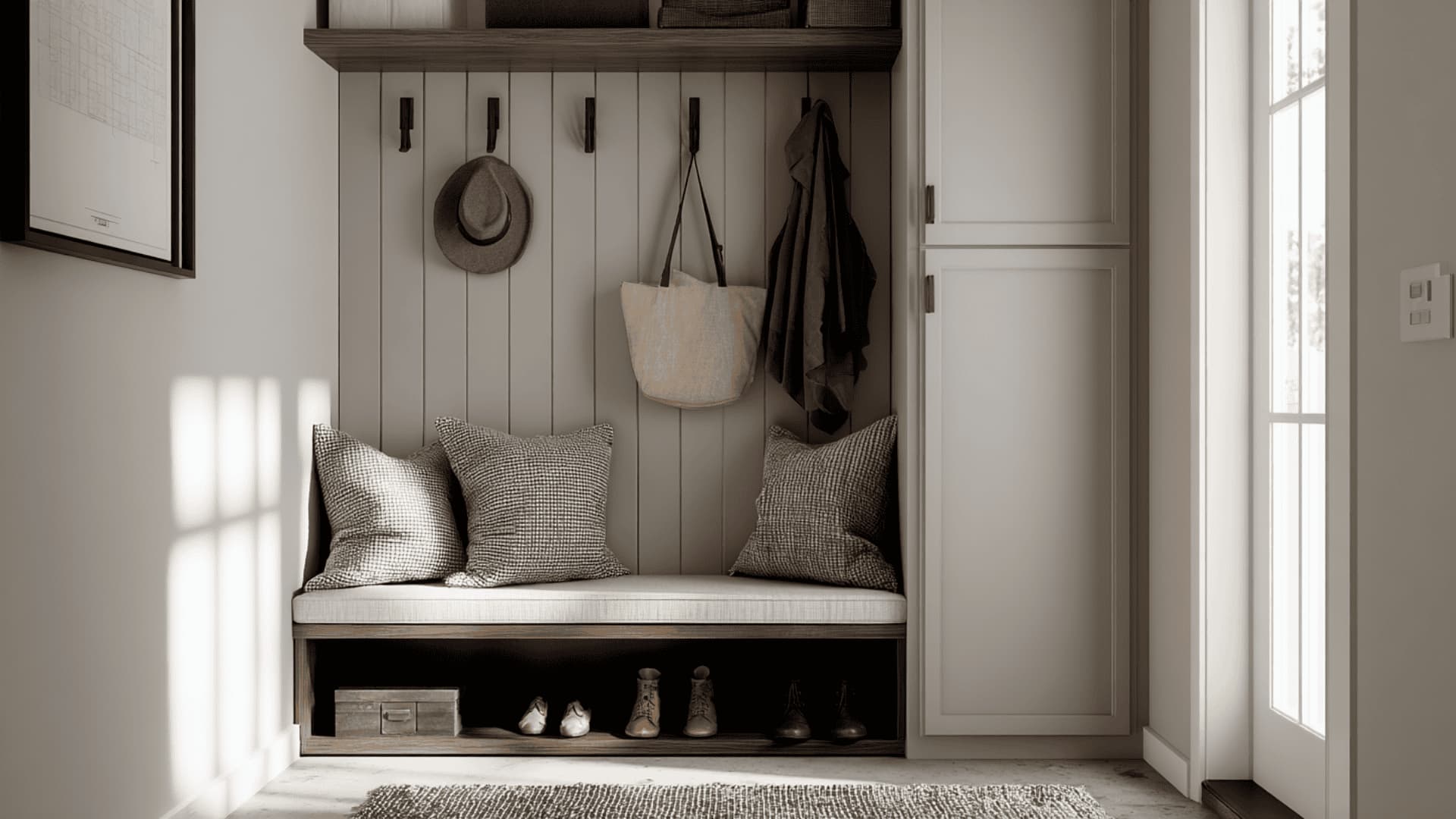 Narrow hallway mudroom with wall hooks, slim bench, and tall vertical cabinet storage.