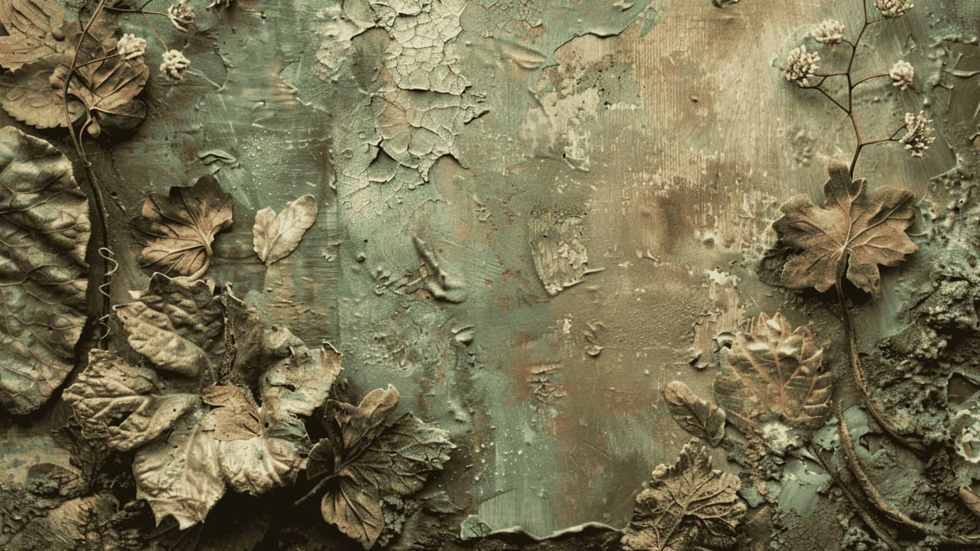 Nature-inspired mixed media art featuring dried leaves pressed into textured paint on a wooden board.