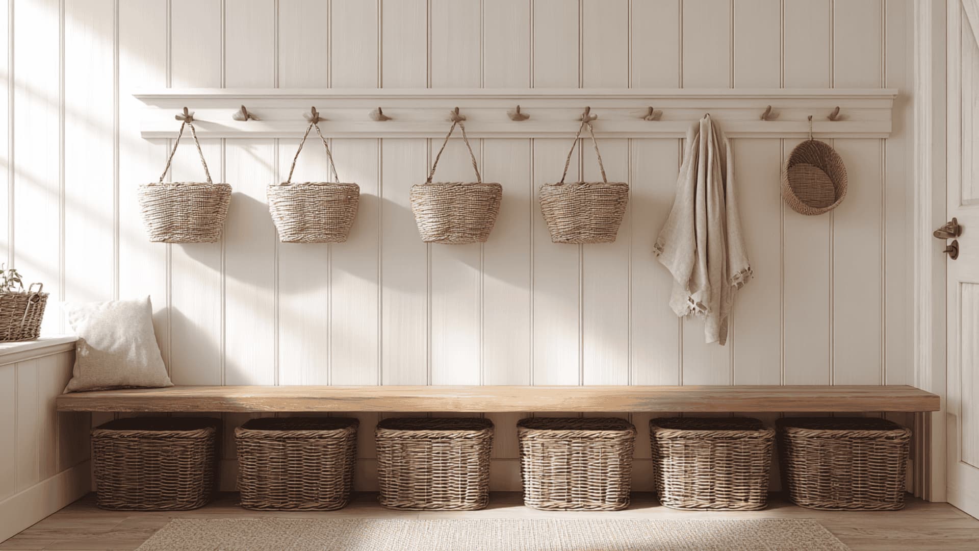 Budget mudroom wall with simple hooks, matching baskets, and a small wooden bench