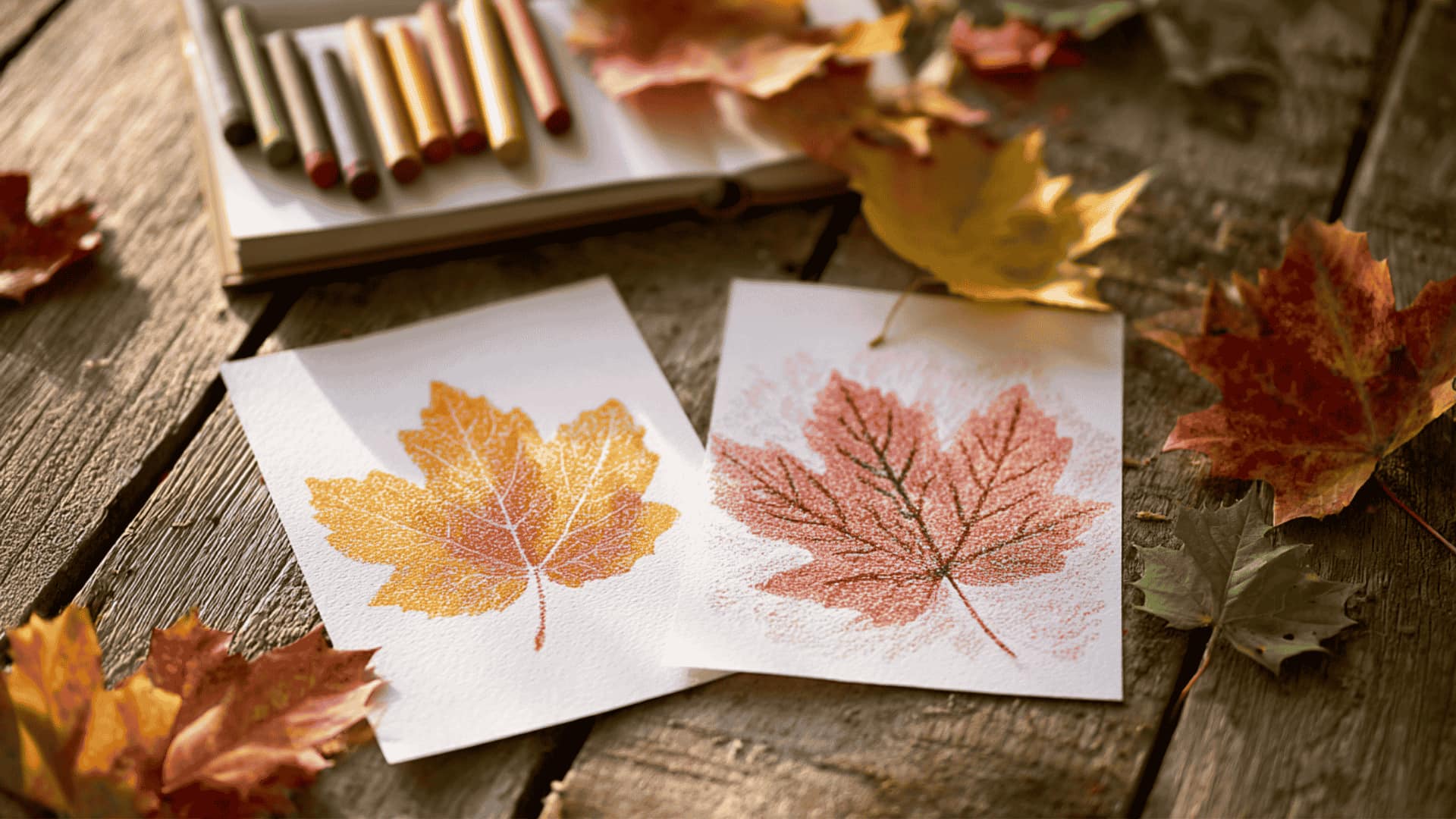 Orange and red crayon leaf rubbings on white paper on a wooden table surrounded by autumn leaves and crayon stubs