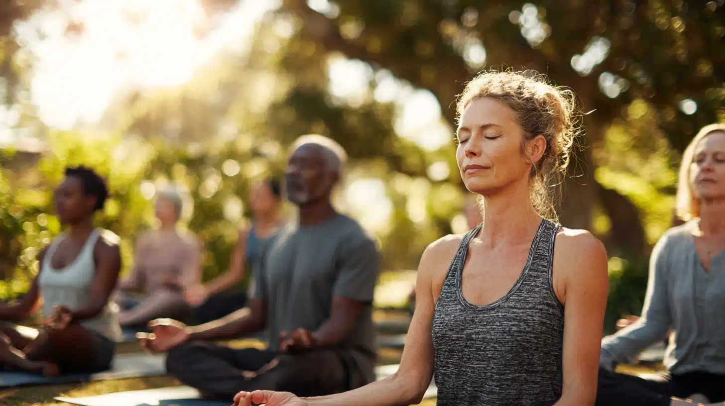 Community members participating in a guided outdoor meditation session in a park