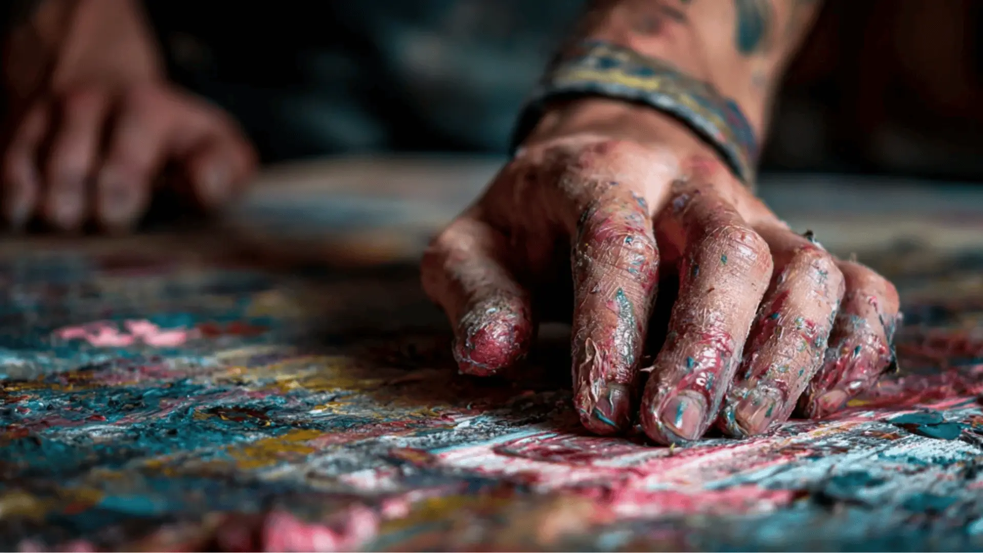 a teen spreading thick paint using their hands on canvas
