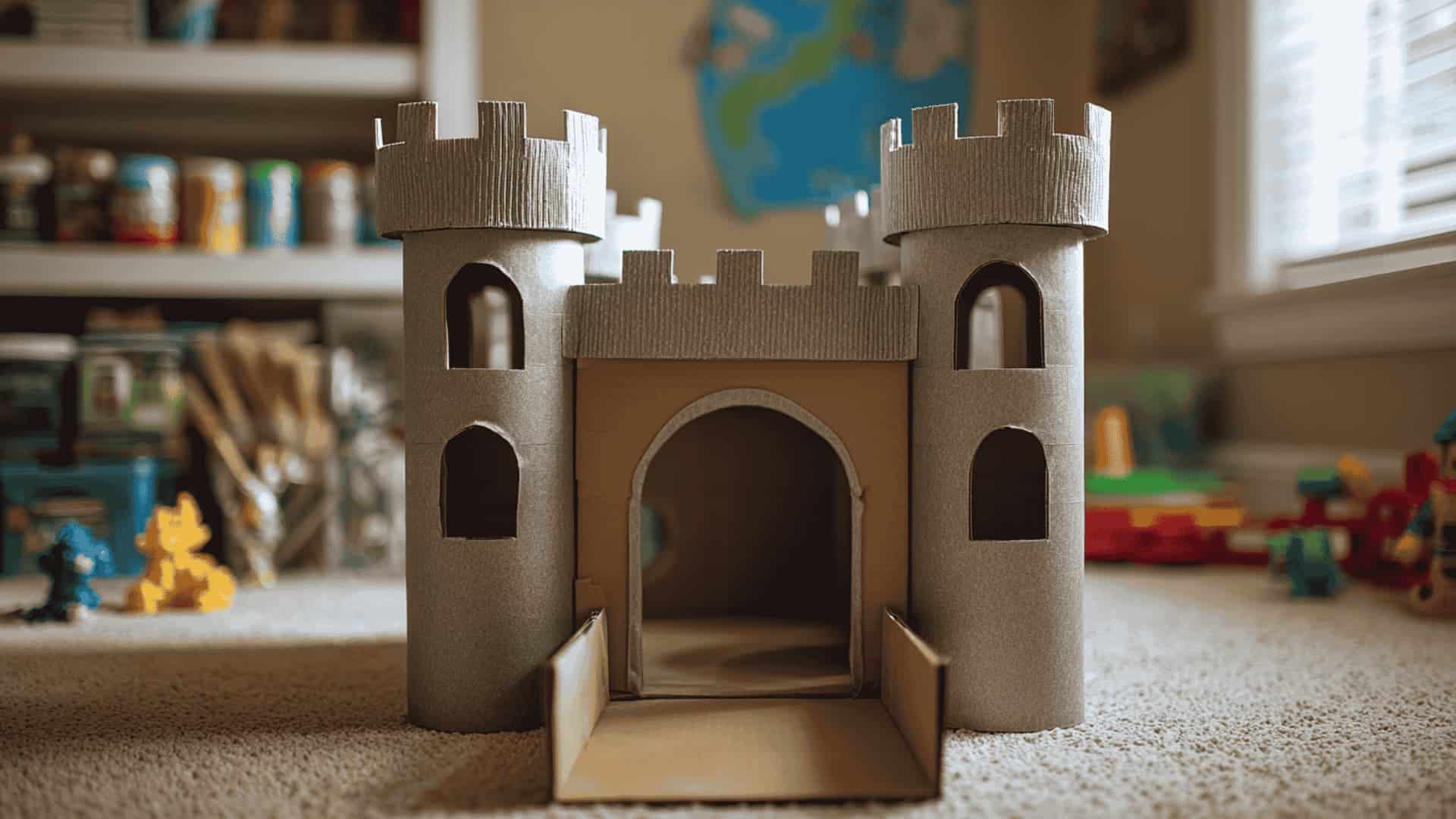 Painted cardboard castle with crenellated battlements on the playroom floor with paint jars and toy figures nearby
