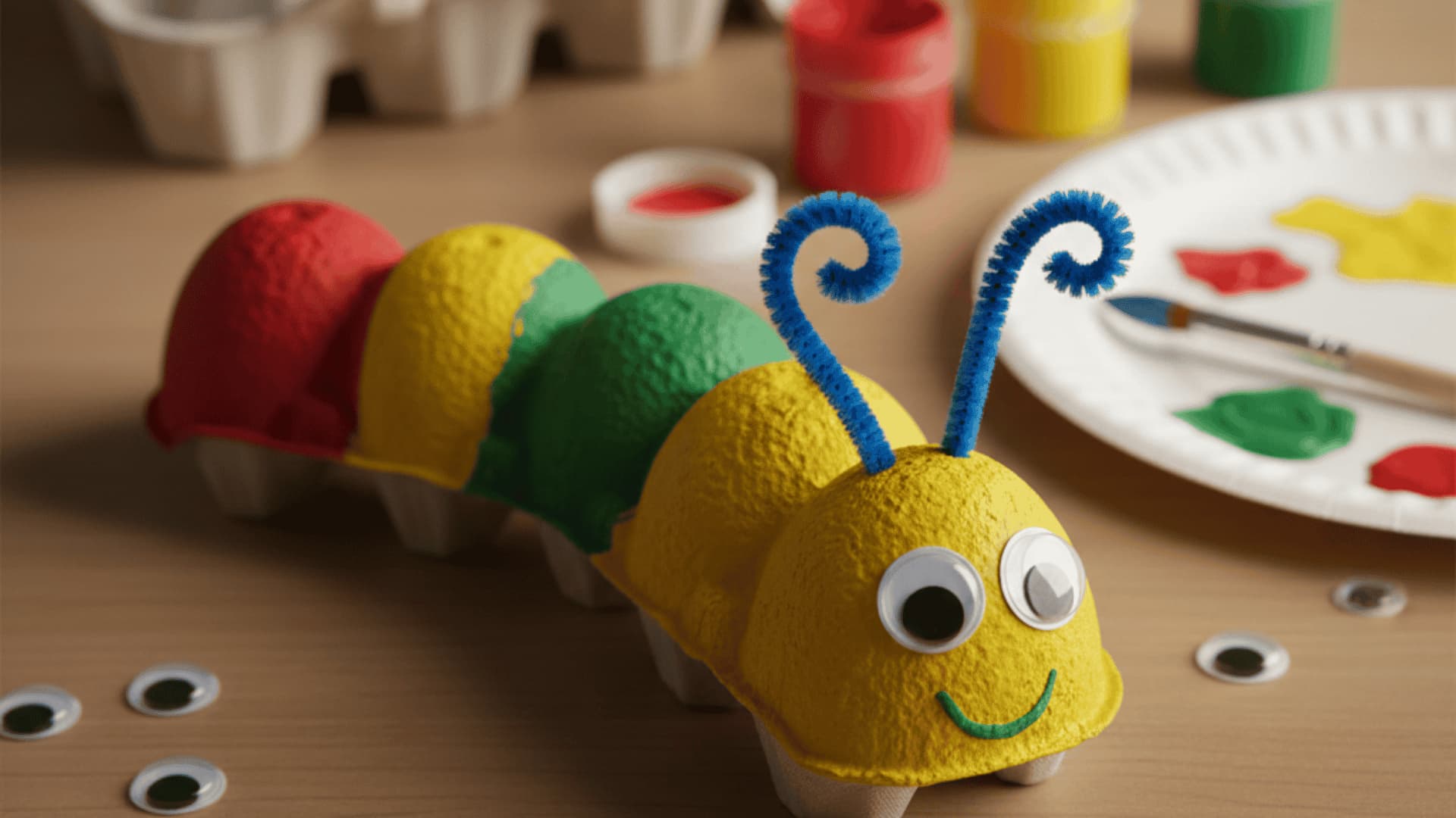 Painted egg carton caterpillar in red, yellow, and green with googly eyes on a craft table with paint pots nearby