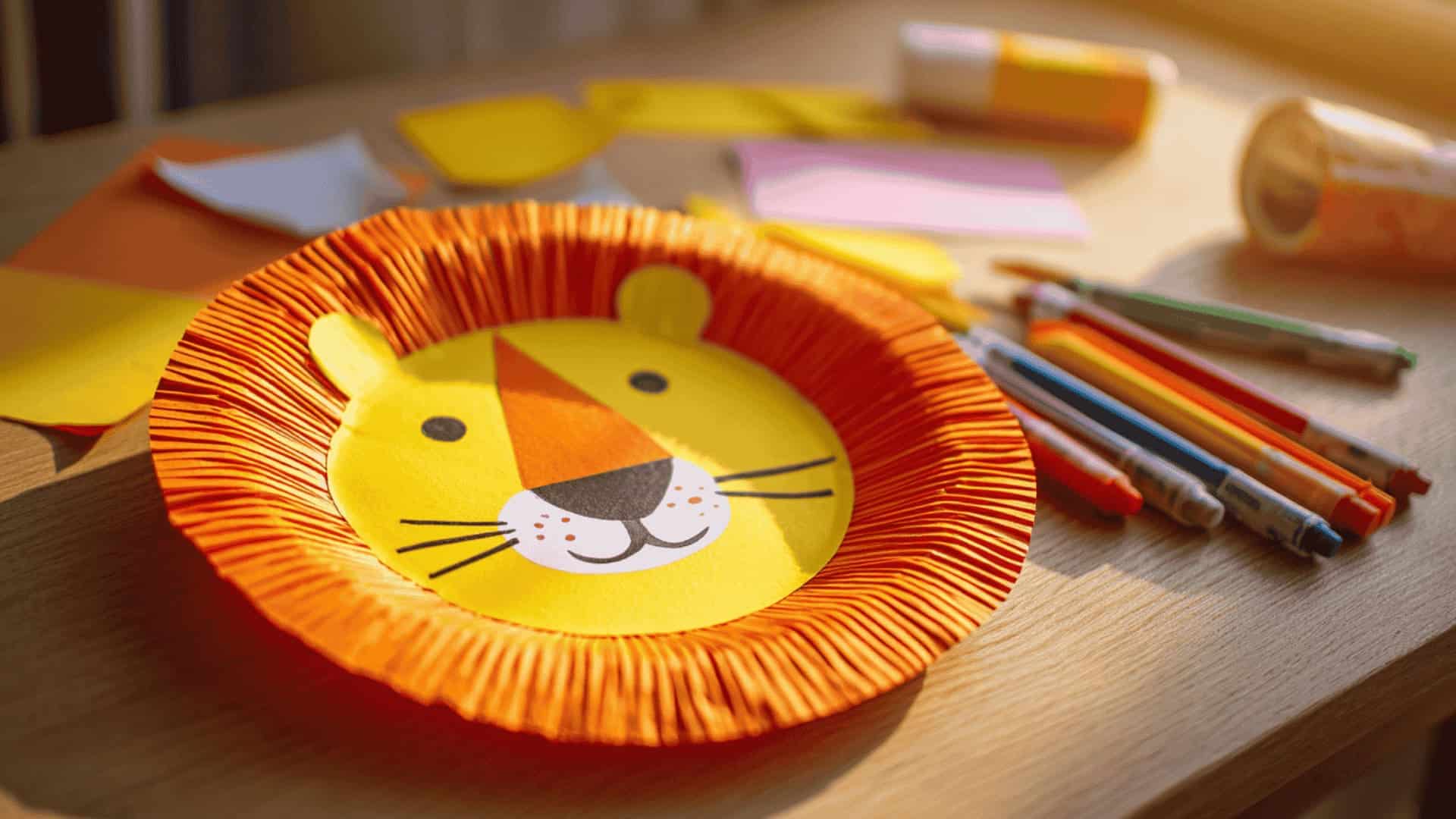 Paper plate lion with yellow torn-paper mane on wooden craft table with construction paper scraps nearby