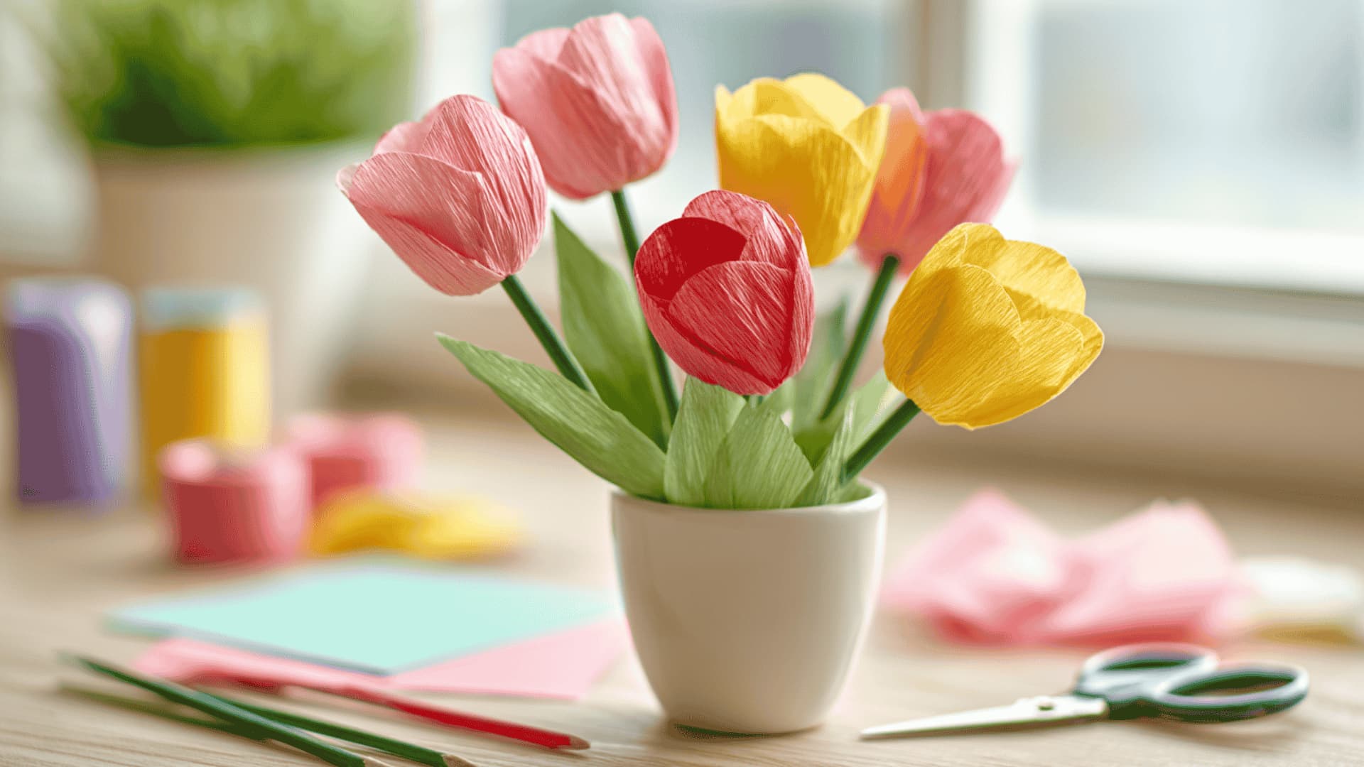 Paper straw tulips in pink, red, and yellow in a white cup on a wooden table with straws and tissue paper in the background