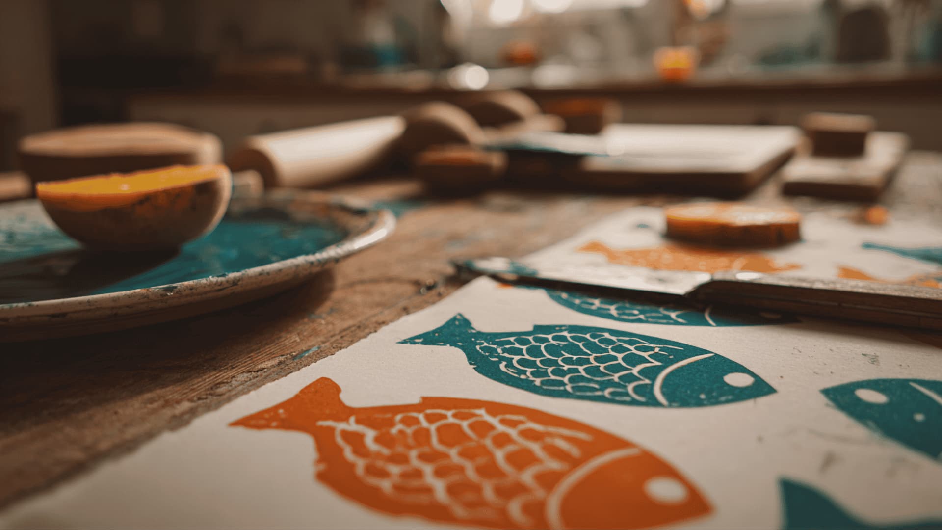 Paper with potato-stamped teal and orange fish prints on a kitchen table with a carved potato and paint palette