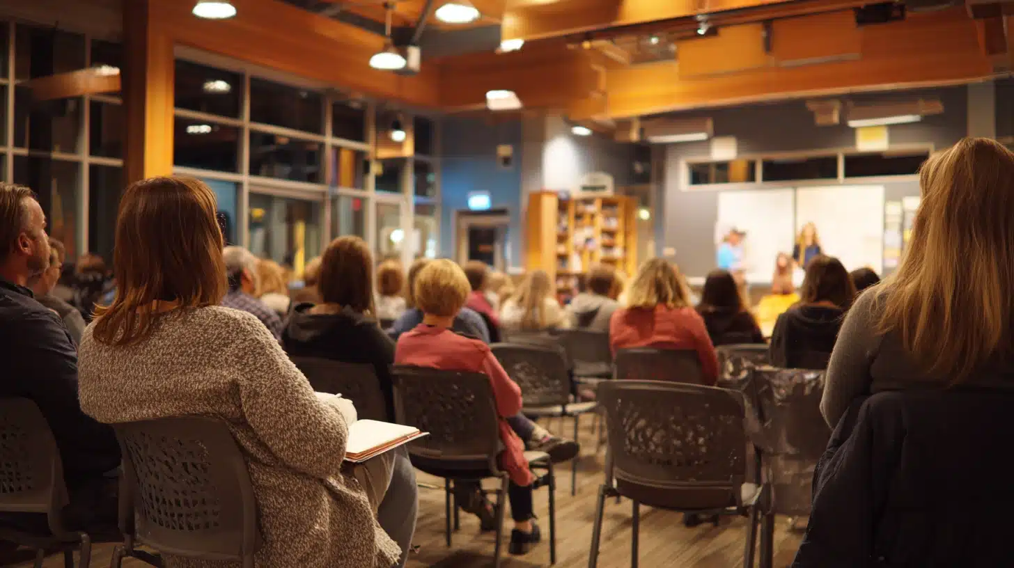 Parents attending an evening school session on student mental health awareness