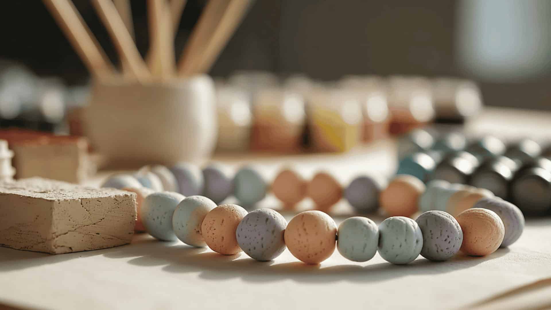 Pastel clay bead necklace and bracelet set on craft table with air-dry clay block, toothpick, and paint pots