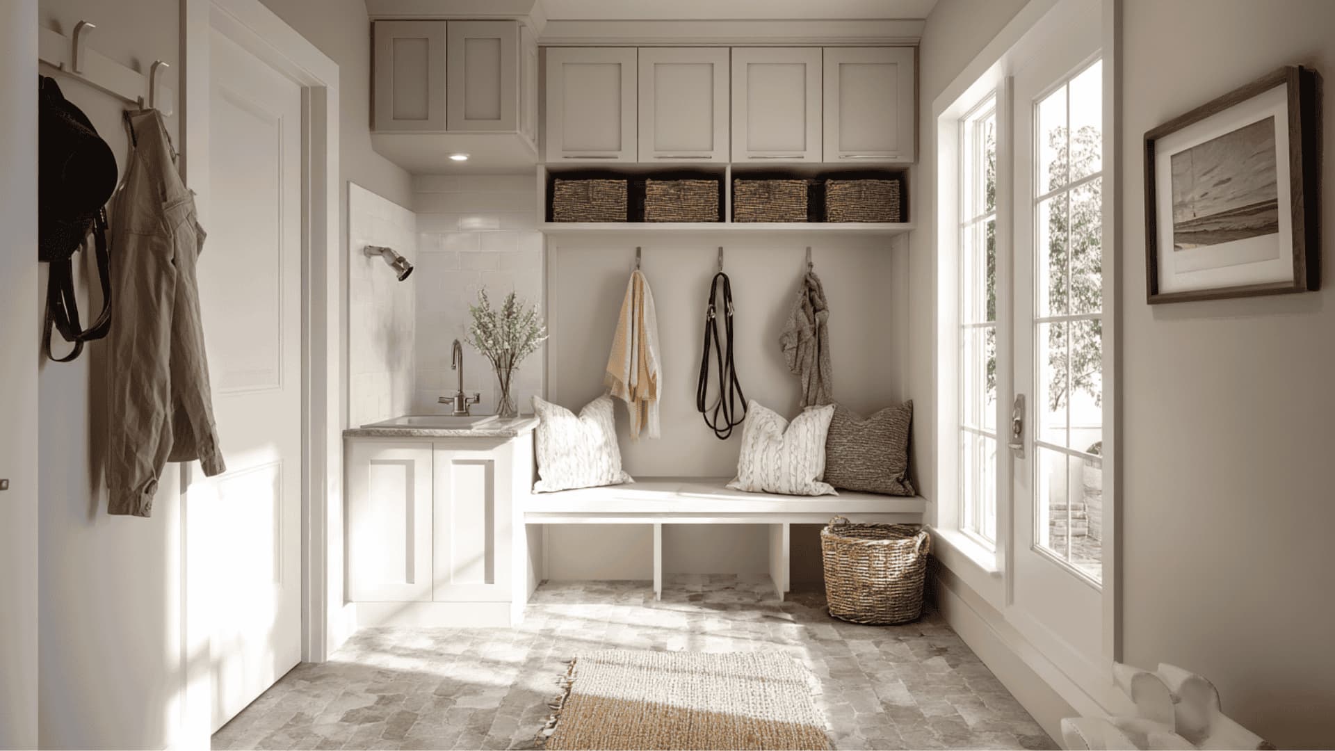 Pet-friendly mudroom with small wash station and leash storage hooks