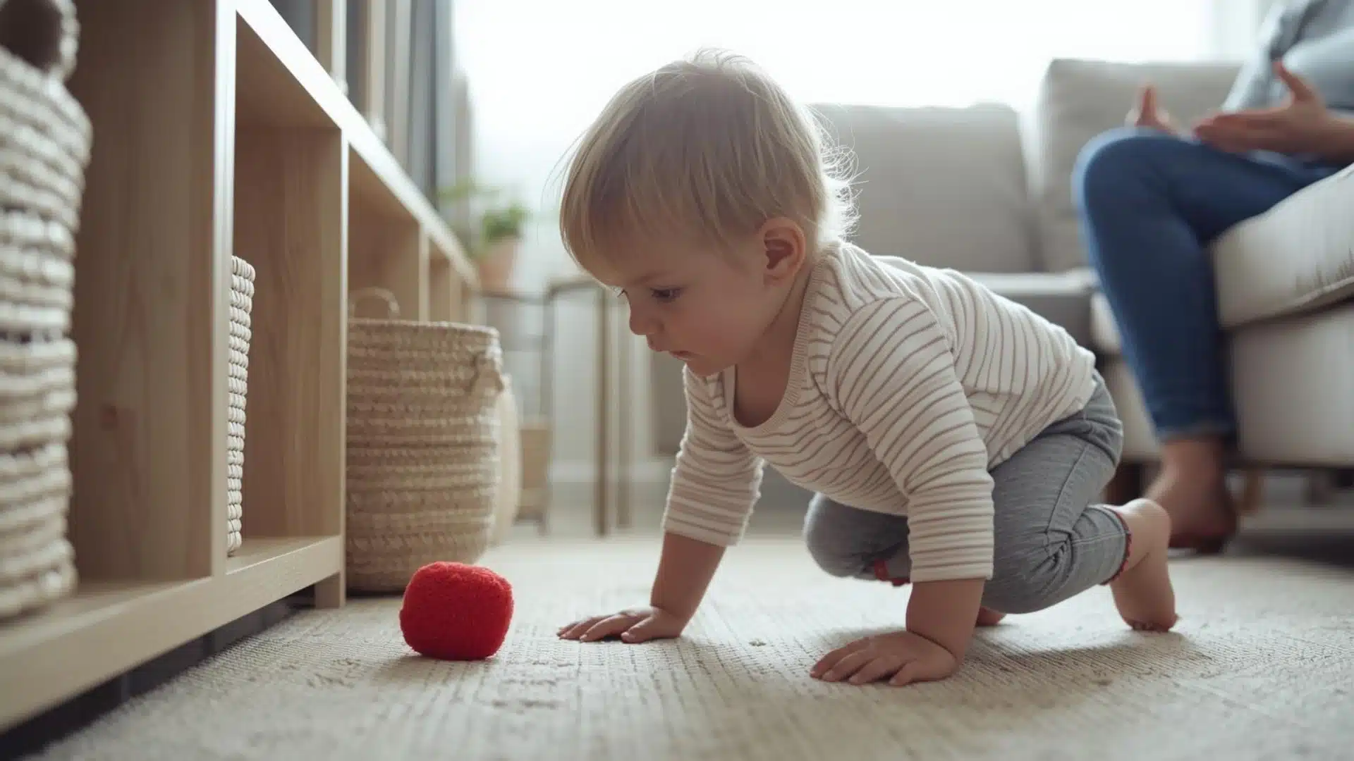 Toddler bringing a red object to a parent during a picture scavenger hunt to build listening and vocabulary skills.