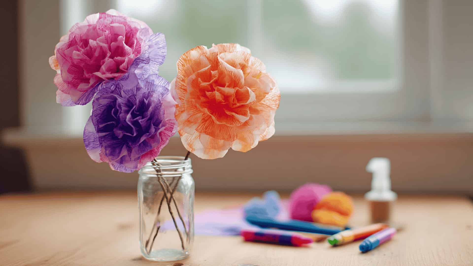 Pink, purple, and orange coffee filter flowers in a mason jar on a craft table with markers and pipe cleaners