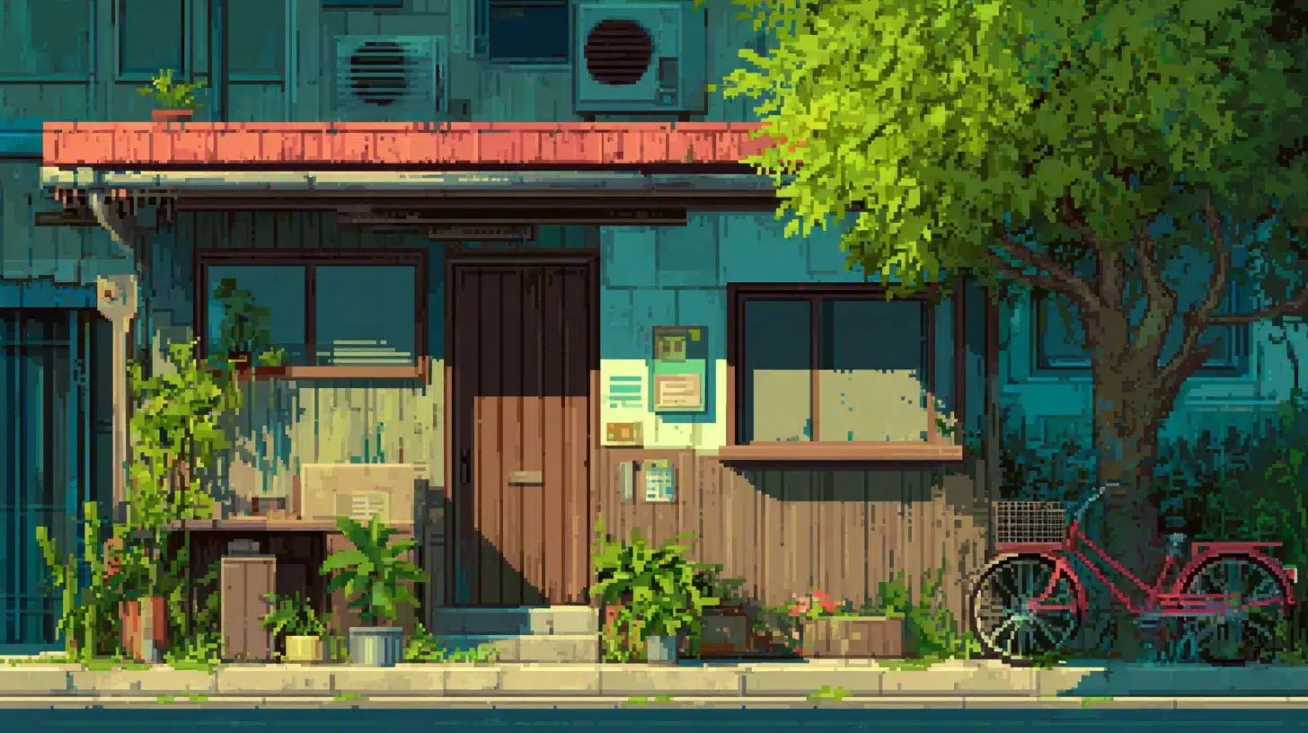 Retro pixel art scene made from small blocky pixels, showing a detailed 2D environment with warm lighting