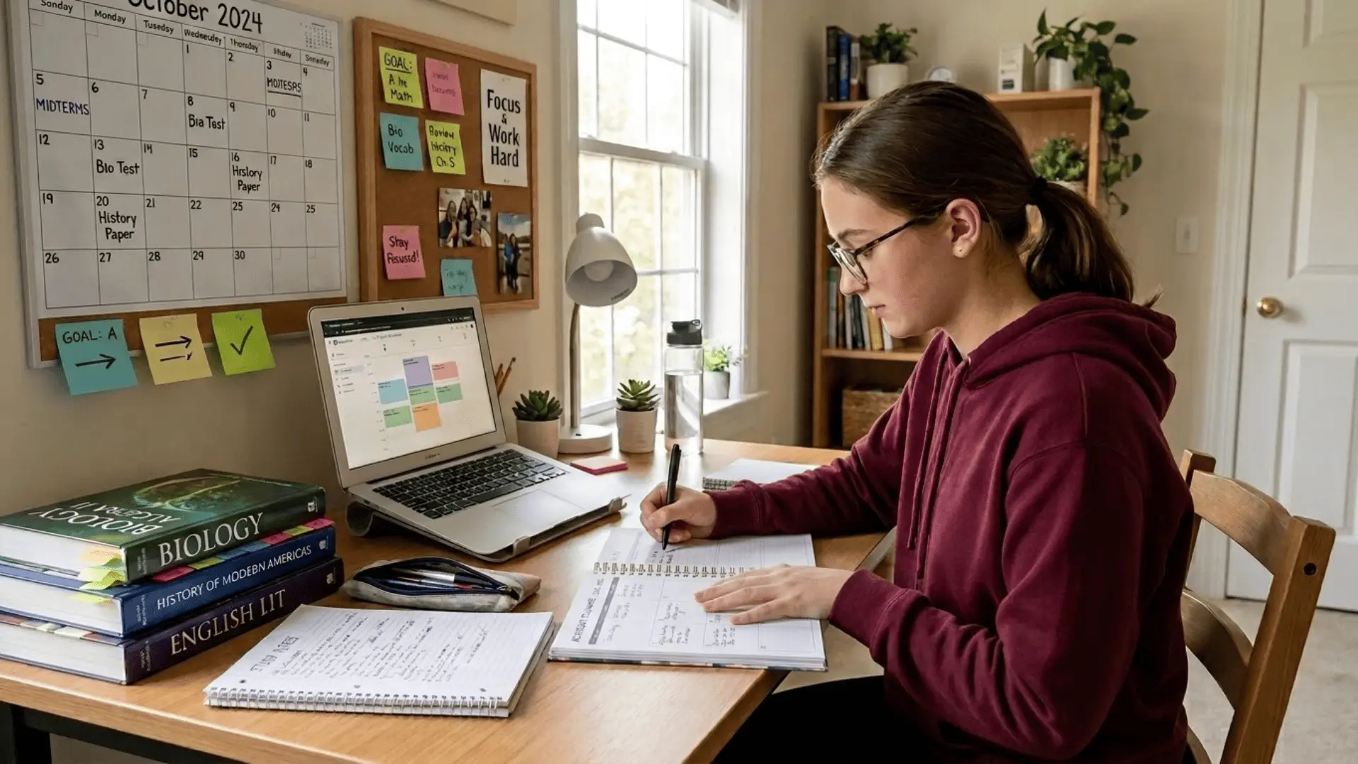 A student writing notes at a desk with textbooks, a laptop, and a study calendar on the wall