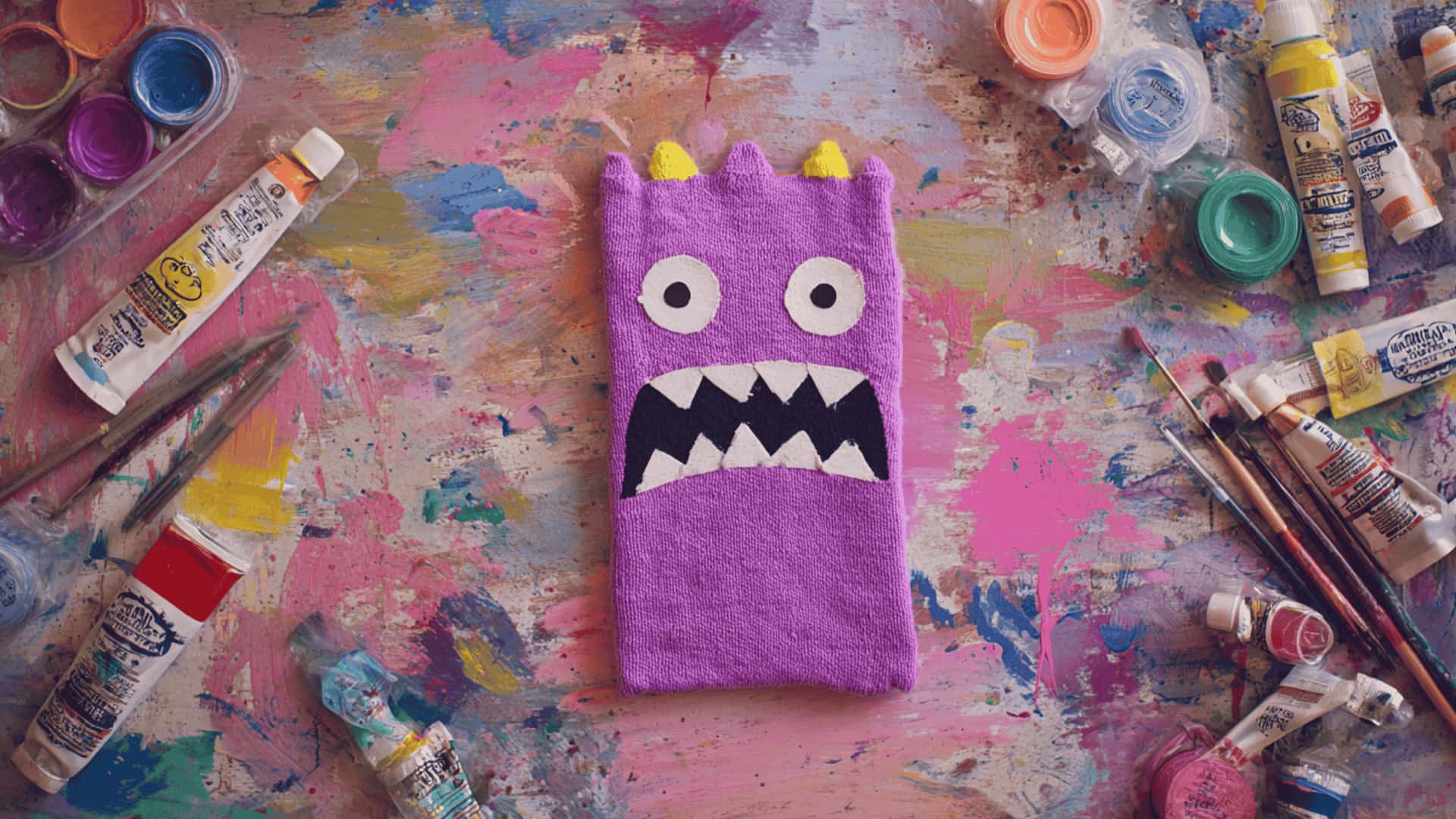 Purple sock puppet monster on a craft table with watercolors, felt scraps, and paint brushes nearby