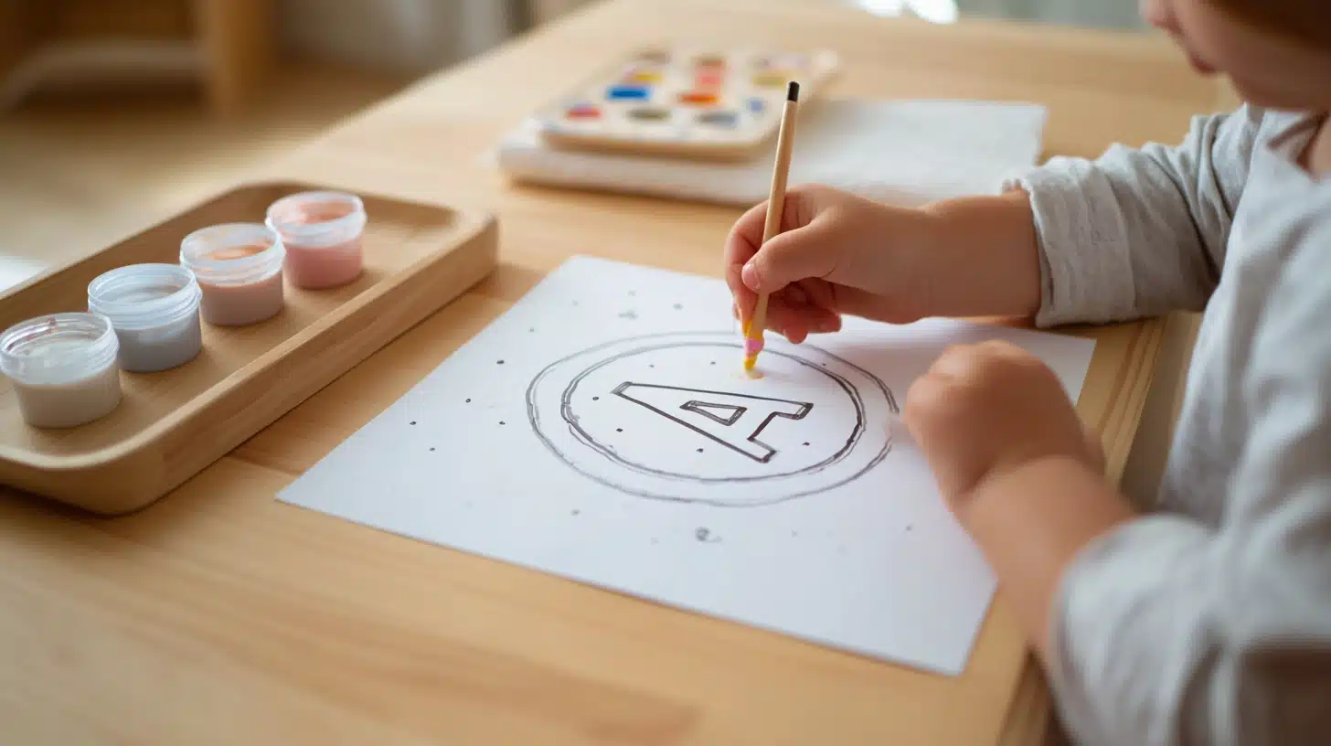 Toddler using a Q-tip to make paint dots inside a large outlined letter on paper to practice hand control and early letter recognition.
