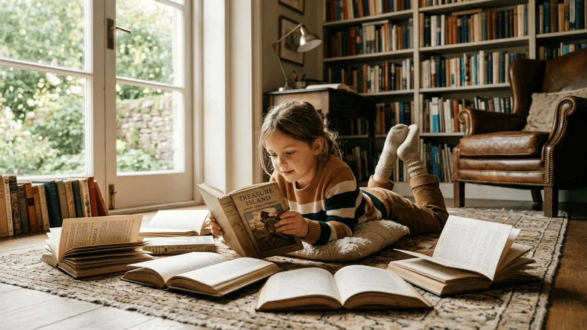 A child lying on the floor, reading, surrounded by classic books, immersed in literature and imagination