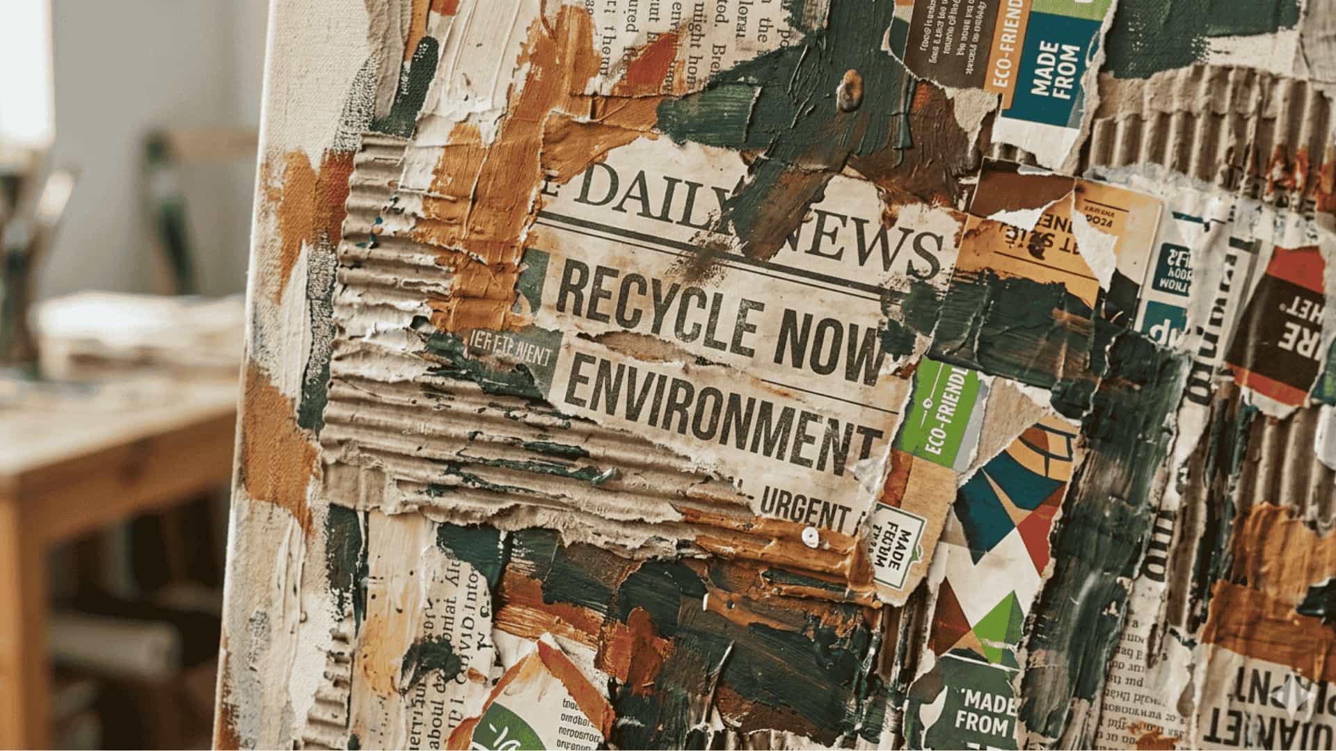 Recycled mixed media art made from cardboard, newspaper collage, and painted textured layers.