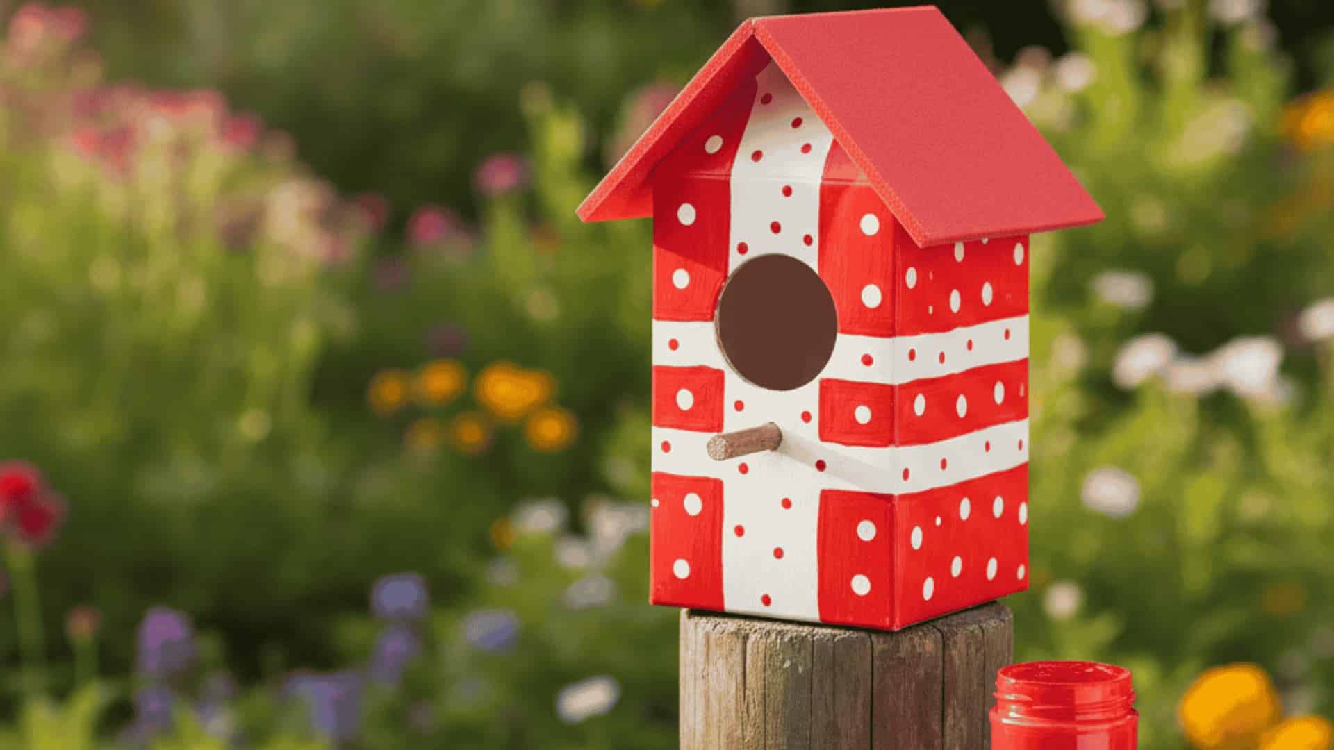 Red and white decorated milk carton birdhouse on a garden post with green foliage and paint jar in the background