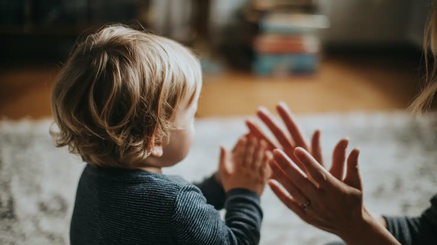 Parent and toddler clapping together during a rhyming word game to build early phonological awareness.
