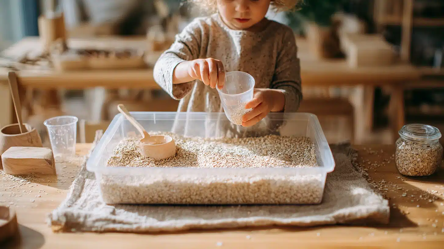 Toddler scooping and pouring oats in a sensory bin with cups and a funnel to practice fine motor control and early full-and-empty concepts.