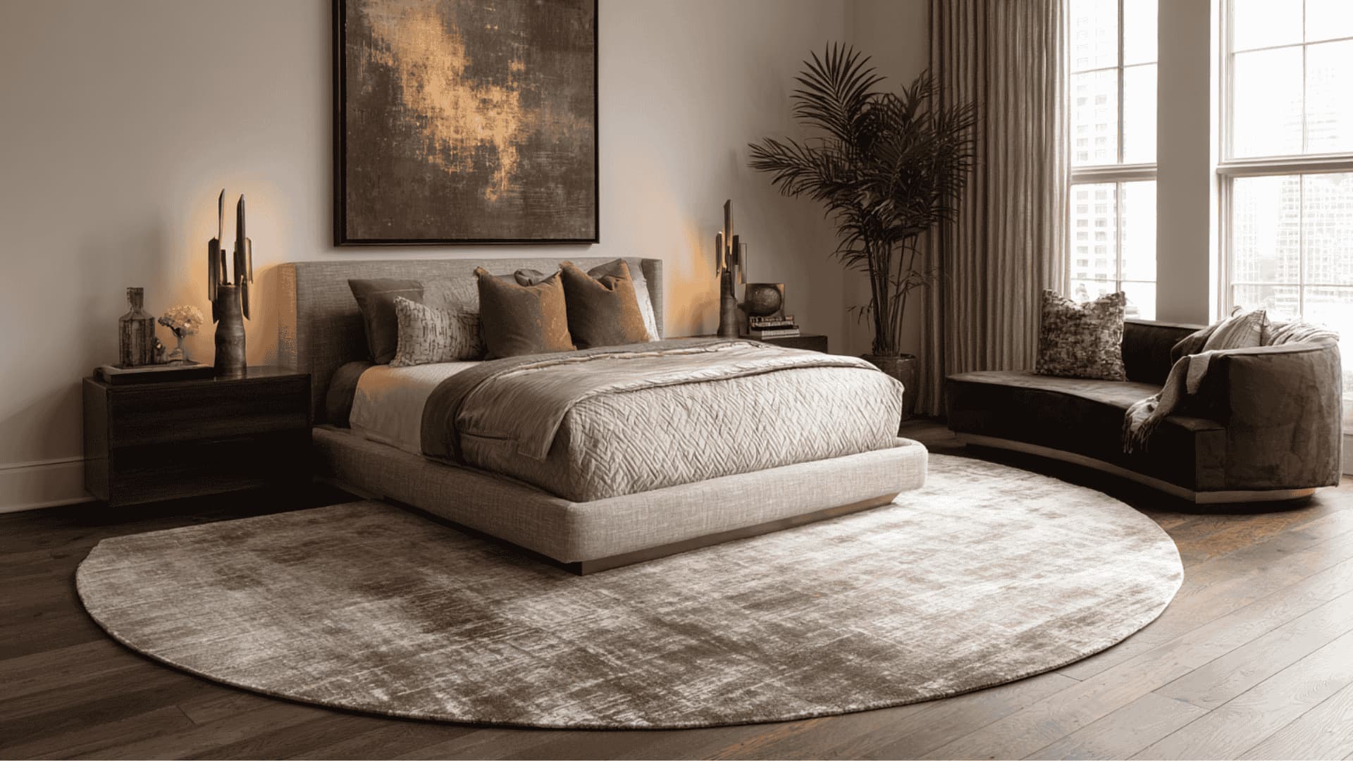  Large round rug partially under king bed, creating a bold focal point in the bedroom