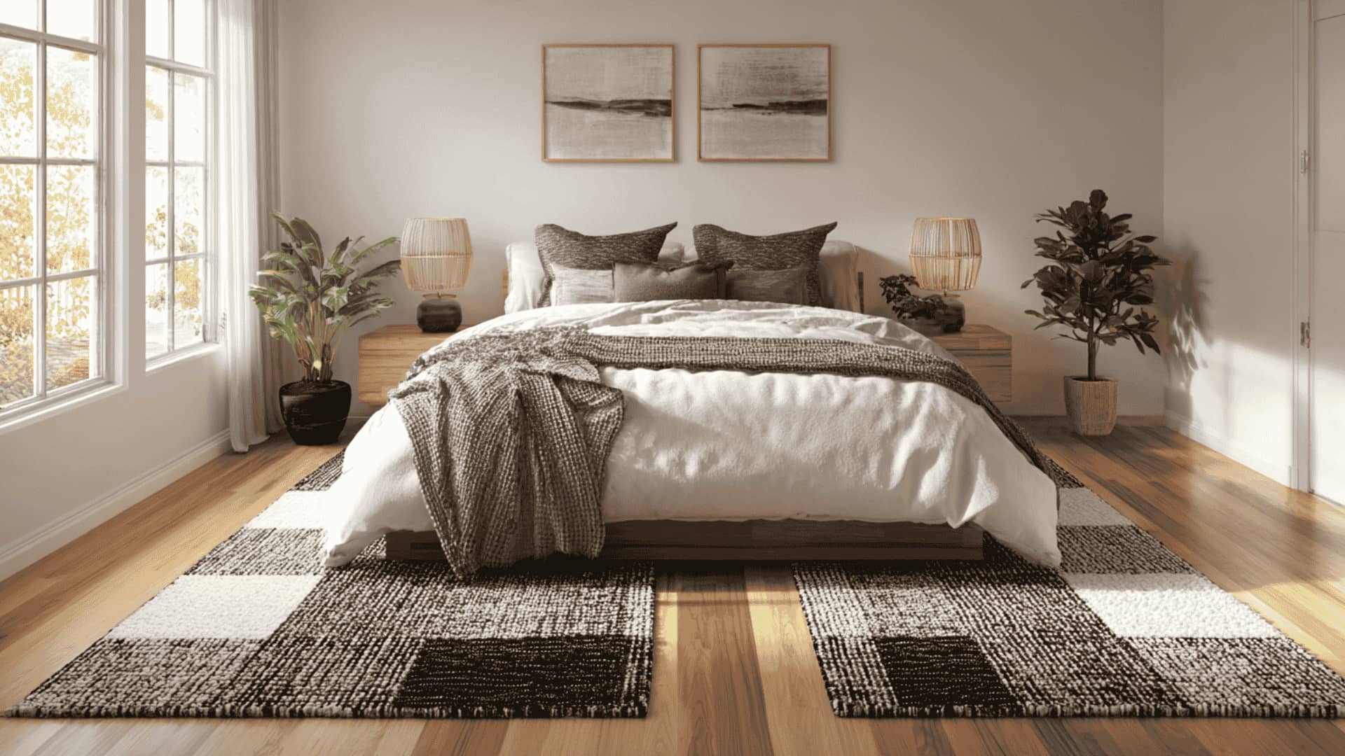 Two runner rugs placed on each side of the king bed for practical bedroom styling
