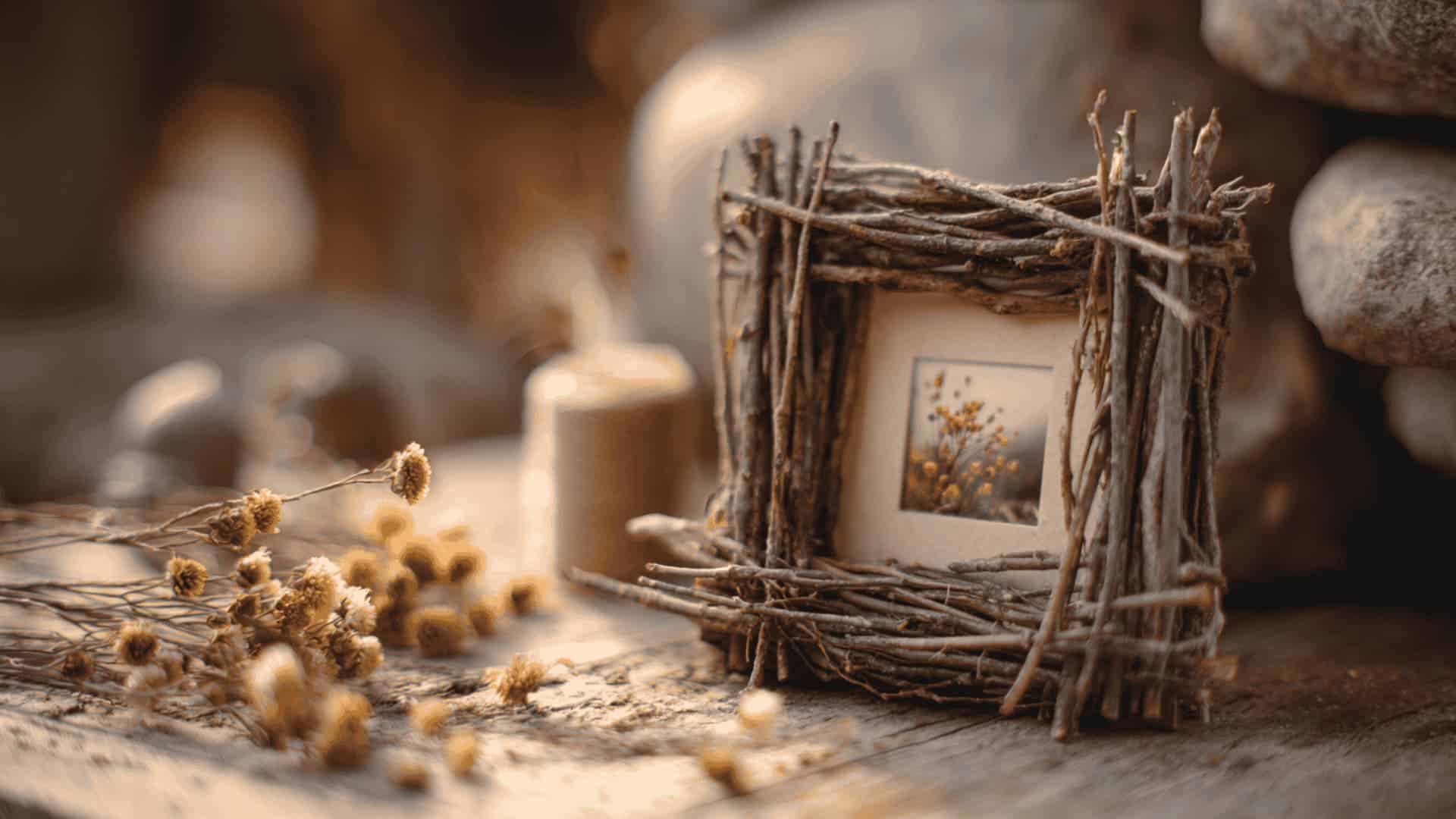 Rustic twig picture frame holding a family photo propped on a wood surface with a glue gun and dried flowers nearby