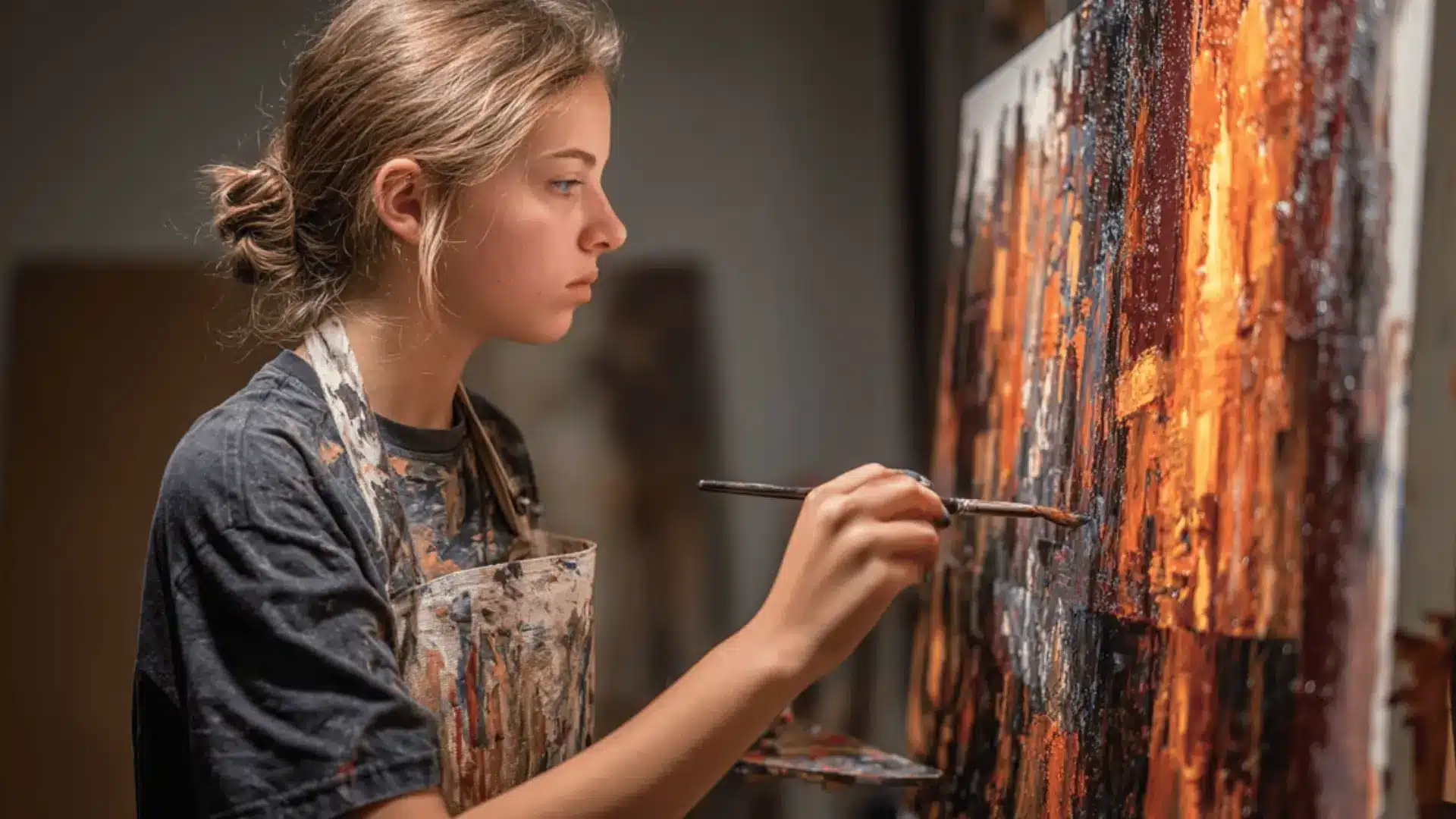 a teen painting intense red strokes with controlled energy