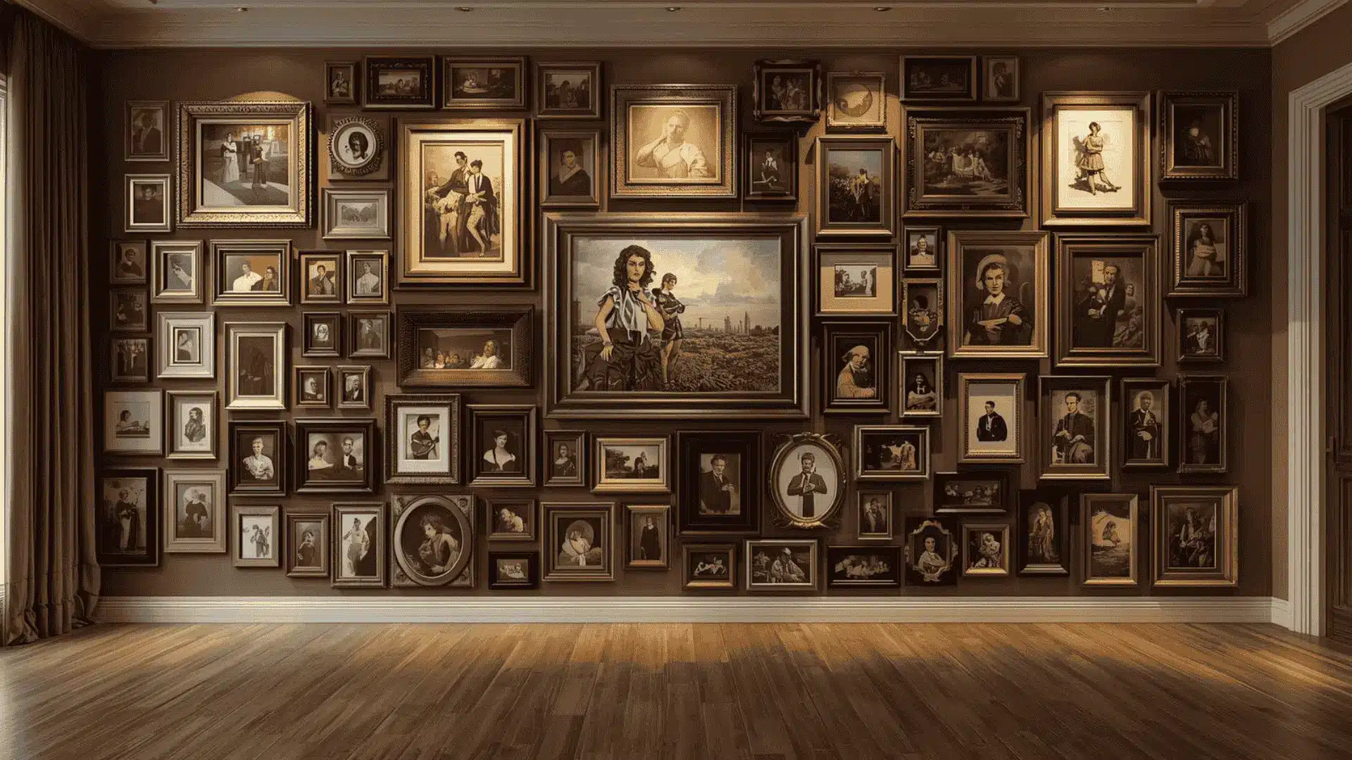 Salon-style gallery wall from near floor to ceiling, mixed sizes and finishes, dense layered layout with bold focus