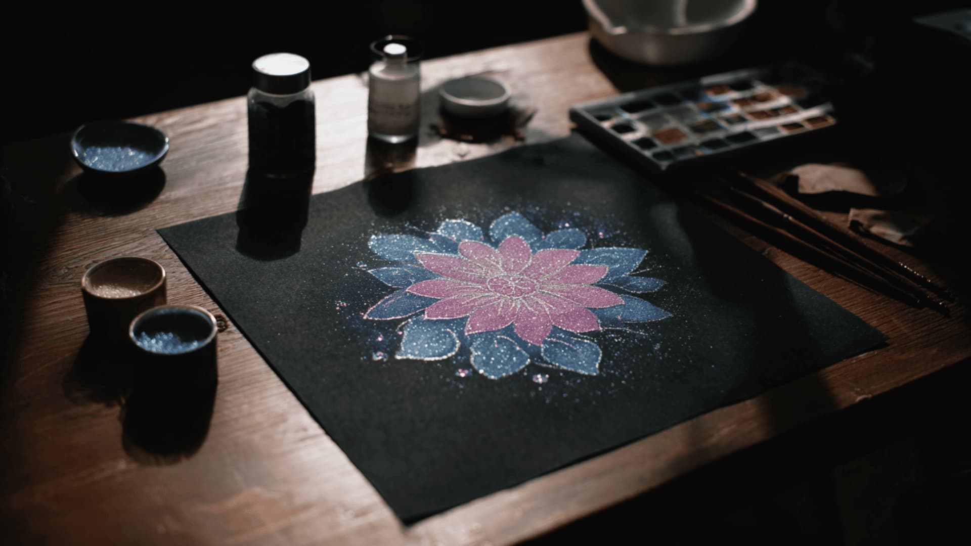 Salt painting with glowing watercolor flower design on black cardstock with salt shaker and watercolor pans nearby
