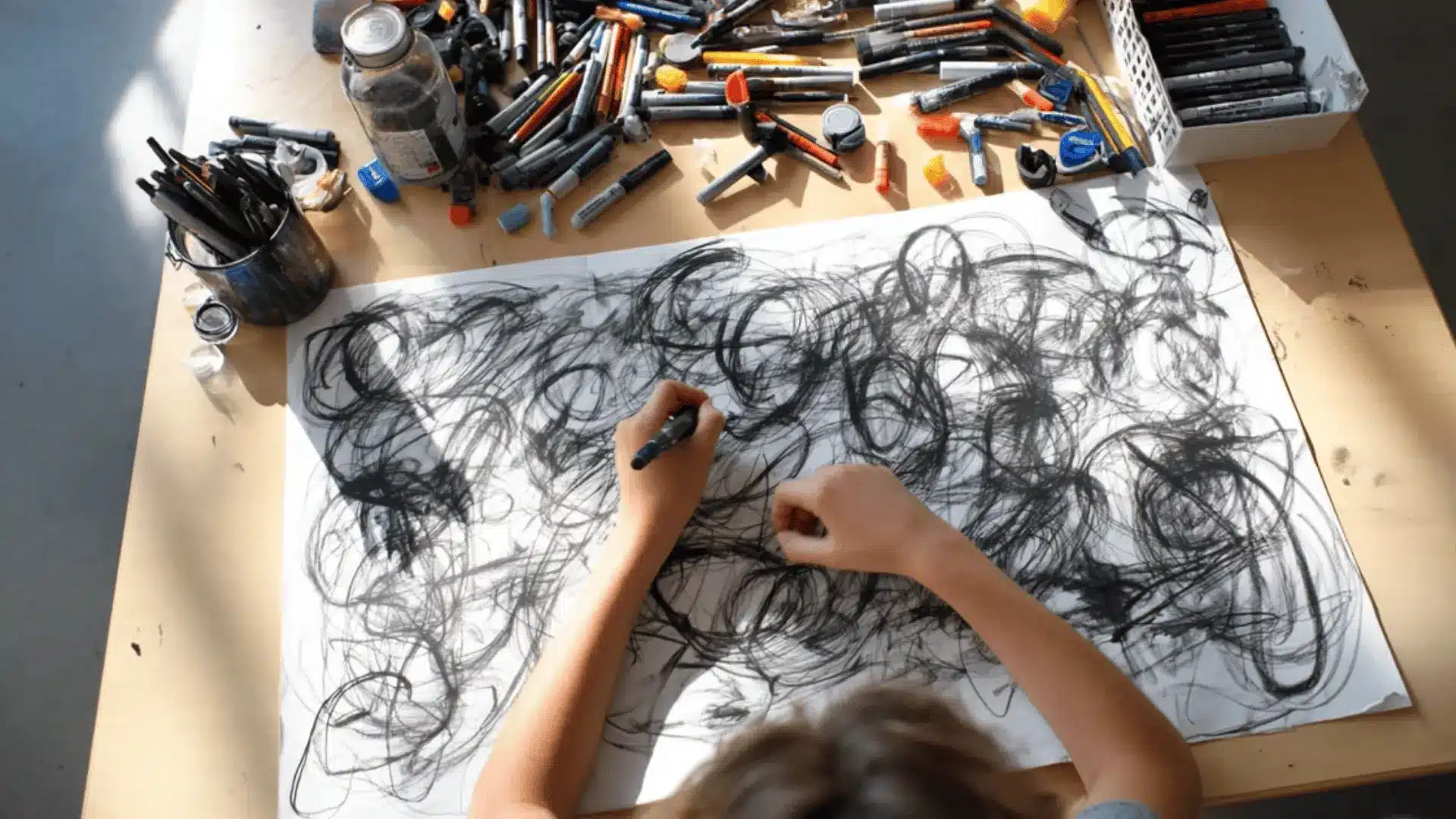 a teenager doing scribbling on paper 