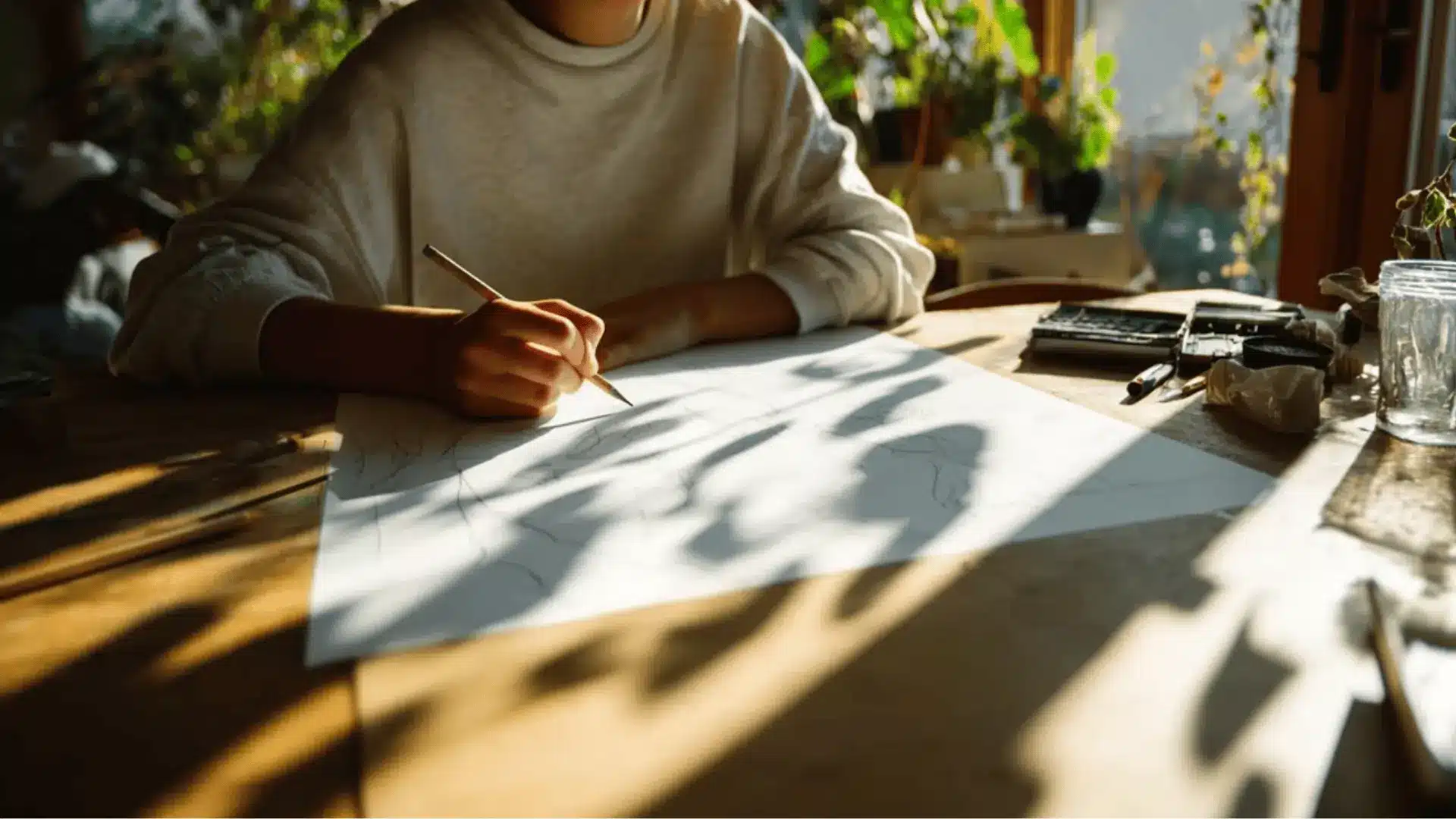 a teen tracing plant shadows on paper near the window