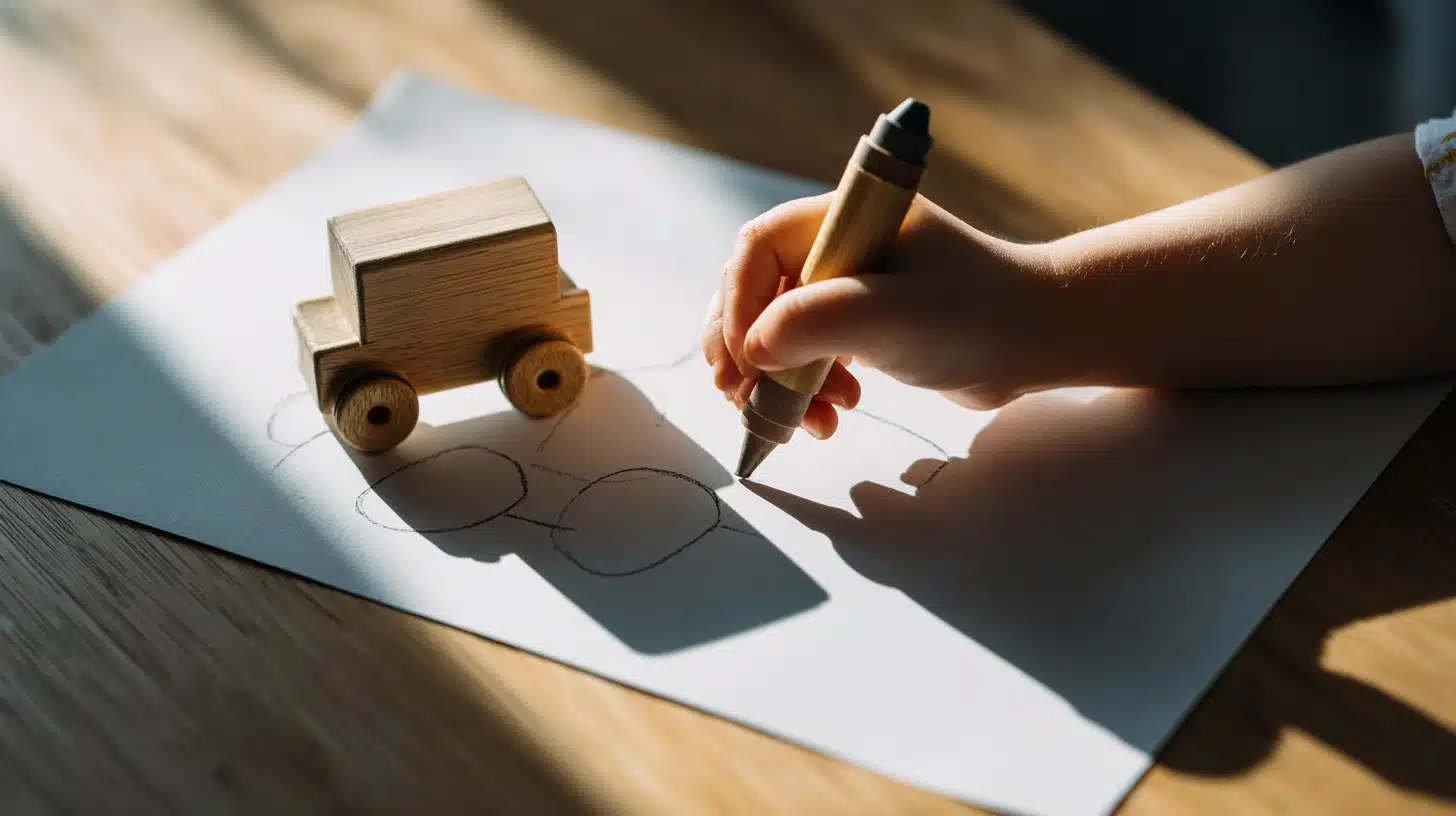 Toddler tracing the shadow of a toy car on paper in sunlight using a thick crayon.