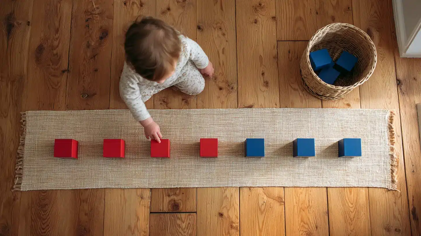 Toddler continuing a red-blue pattern with blocks to practice early sequencing and pattern recognition.