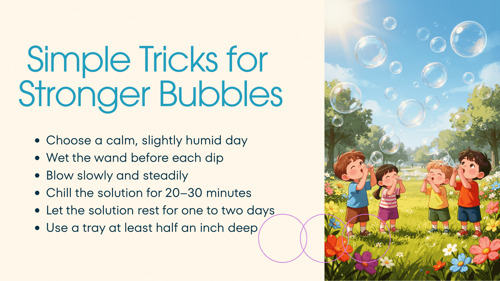 Kids blowing homemade bubbles outdoors with six simple tricks for making bigger, stronger bubble solution at home.