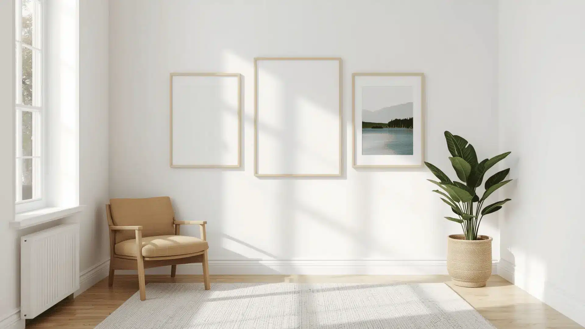 Small room gallery wall with three light frames, wide spacing, airy look that avoids visual clutter