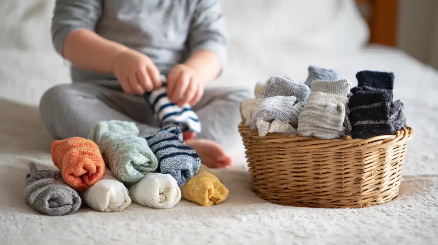 Toddler matching socks and rolling a pair into a tight bundle to practice sorting and fine motor skills.