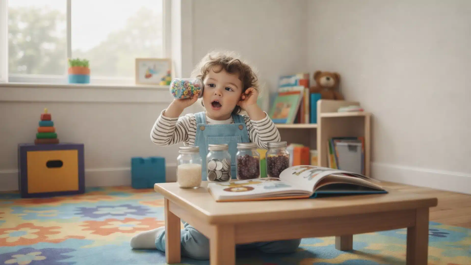 Toddler shaking a sealed container and pointing to an animal picture in a book while practicing careful listening.