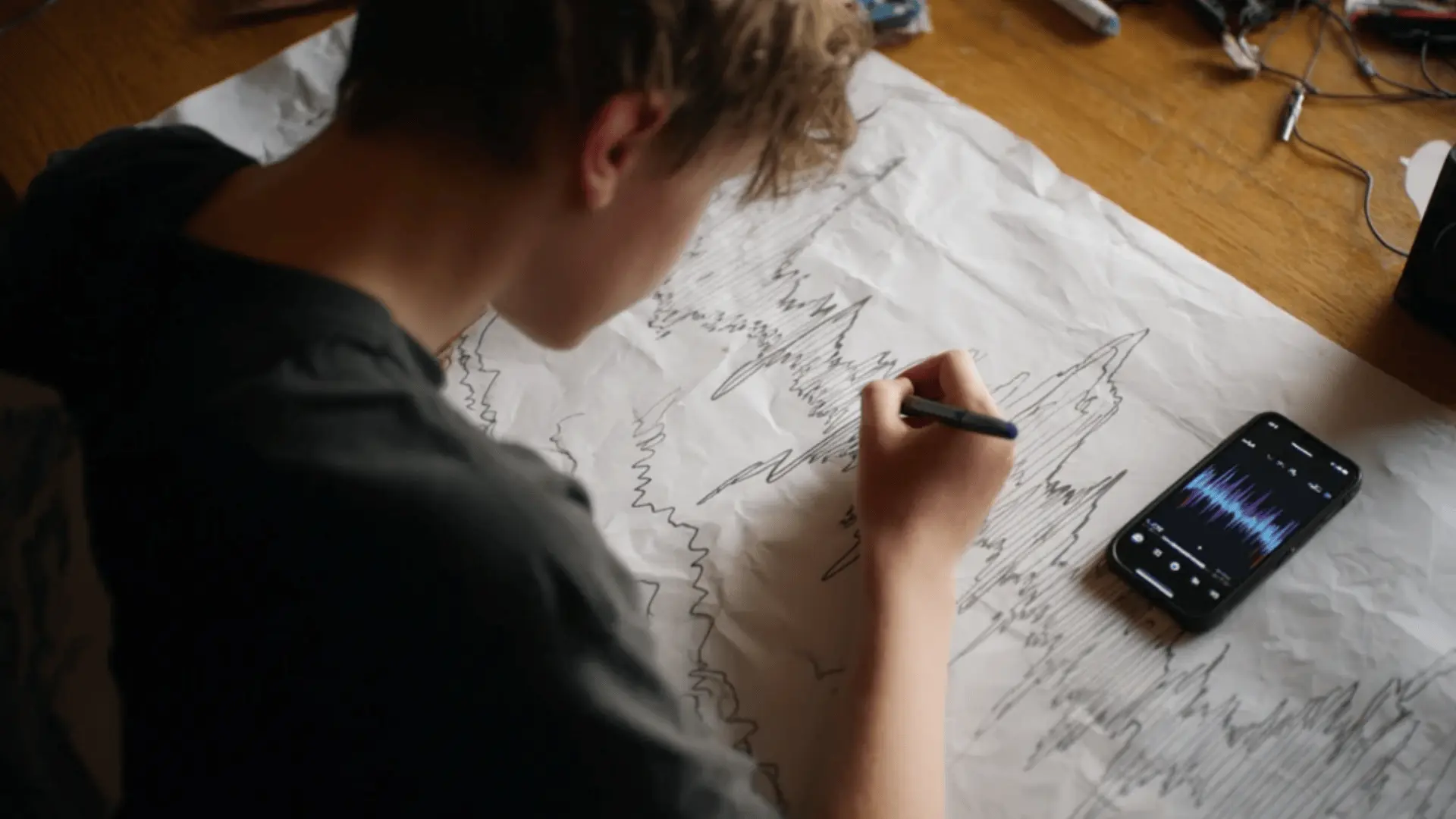 a teen drawing expressive lines guided by a music speaker nearby