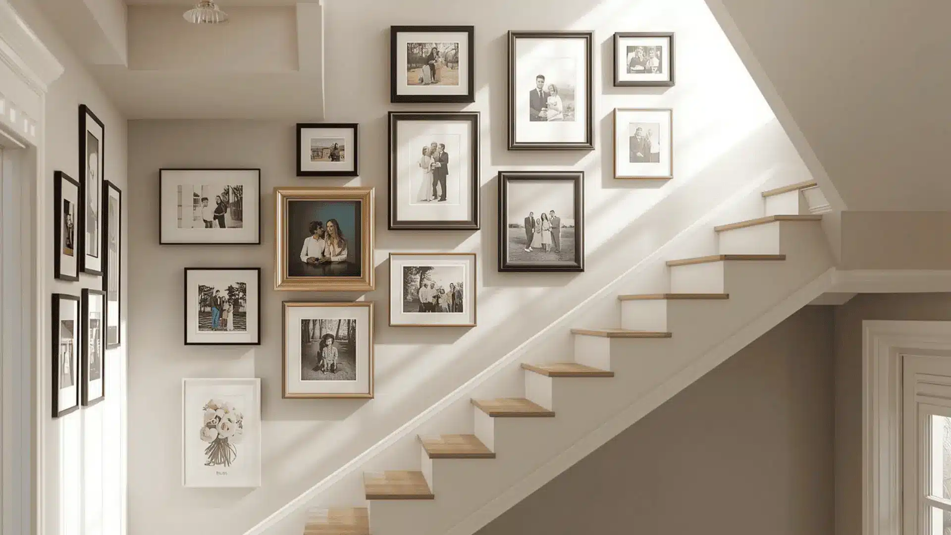 Staircase gallery wall following the stair angle, mixed frame orientations, consistent height above each step