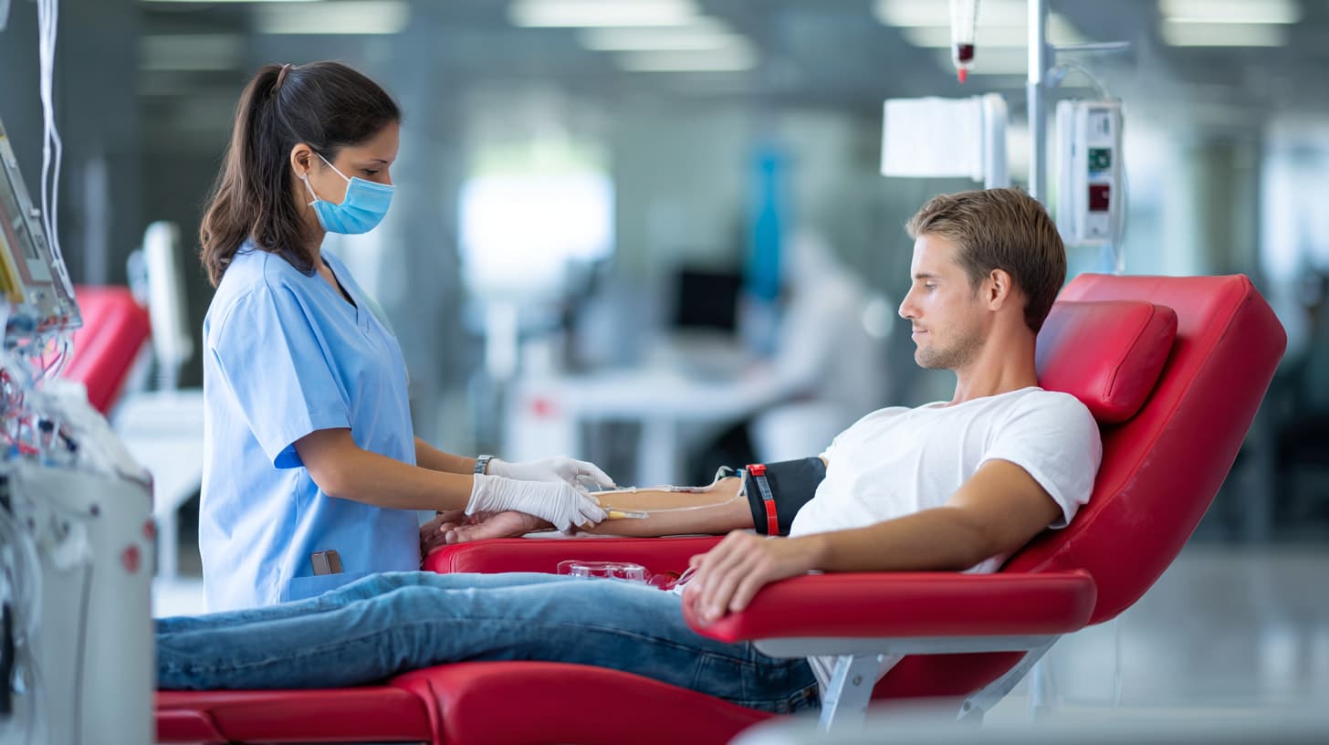 Nurse preparing a patient in a blood donation chair