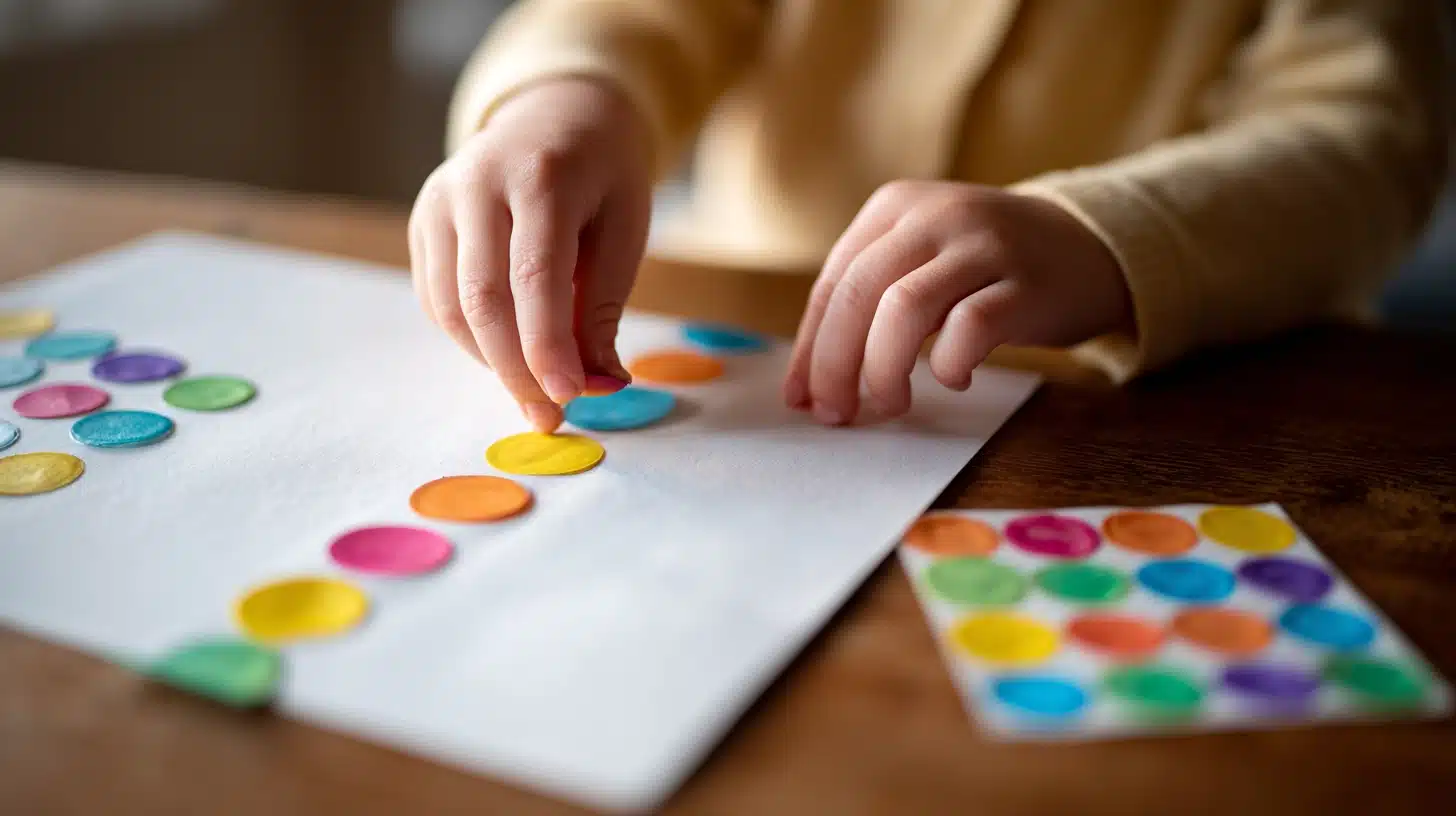 Toddler placing stickers along a masking tape line on paper to practice pincer grip and hand-eye coordination.