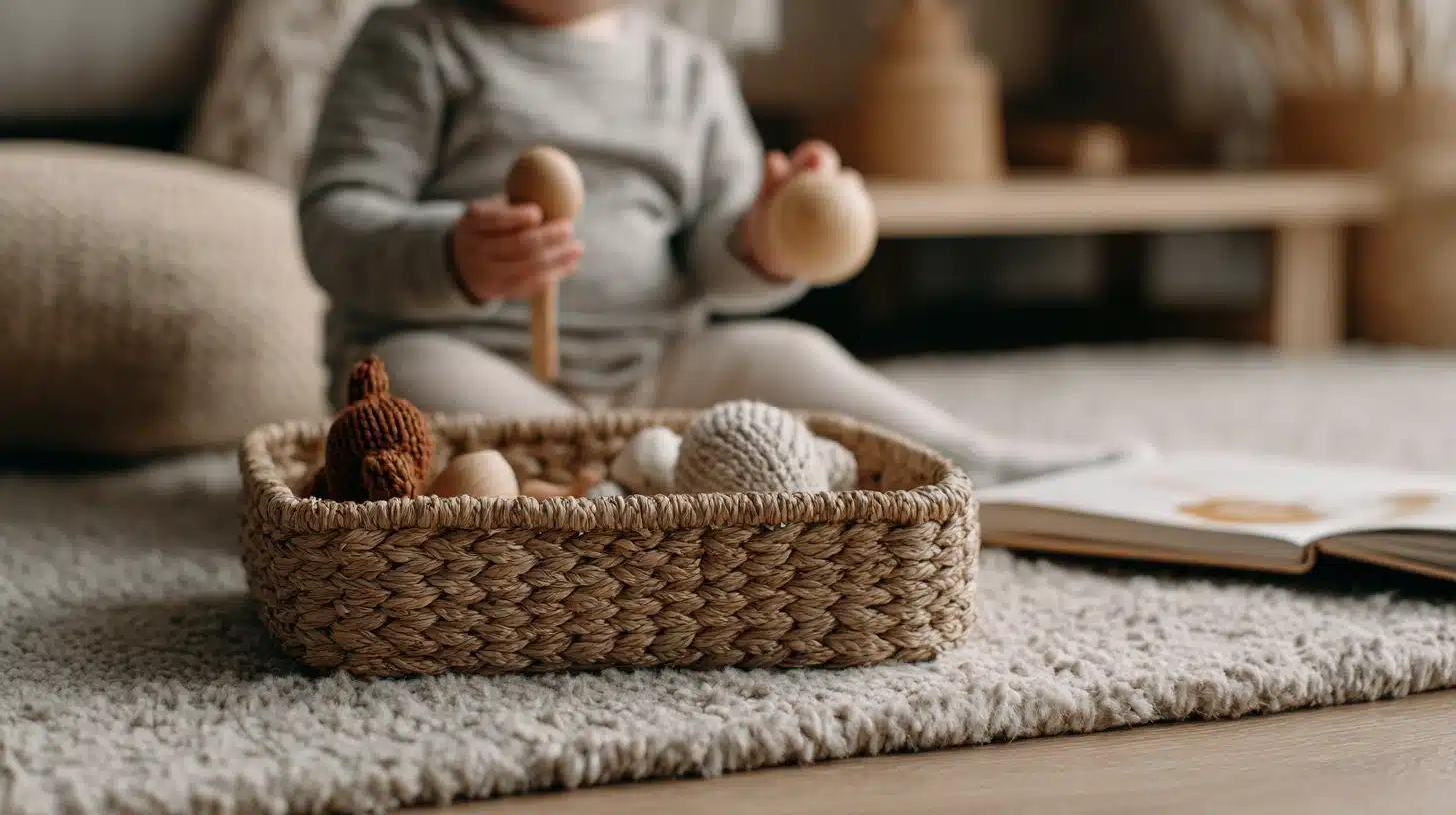 Toddler holding three objects from a basket while creating a simple story to practice sequencing and expressive language.