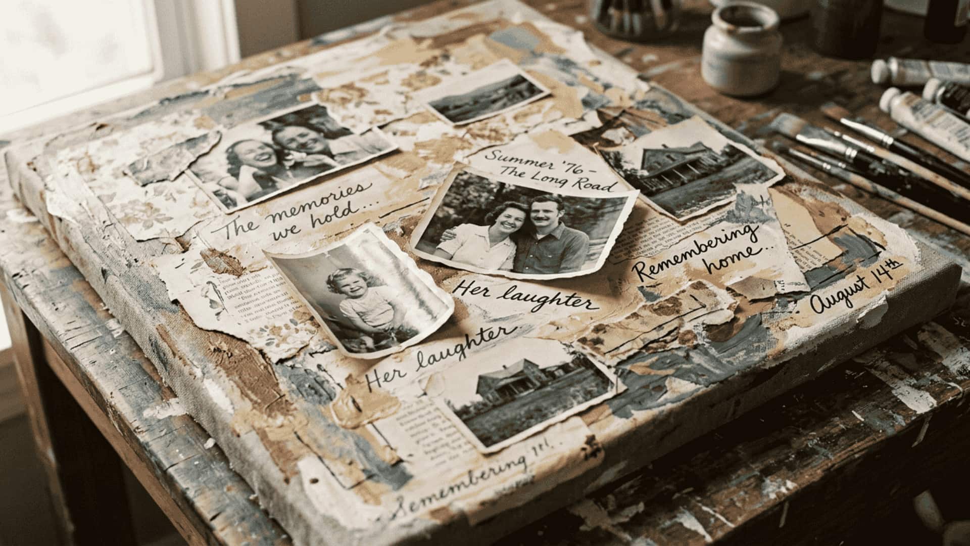 Storytelling mixed media art canvas featuring layered paint, printed photos, and handwritten notes.