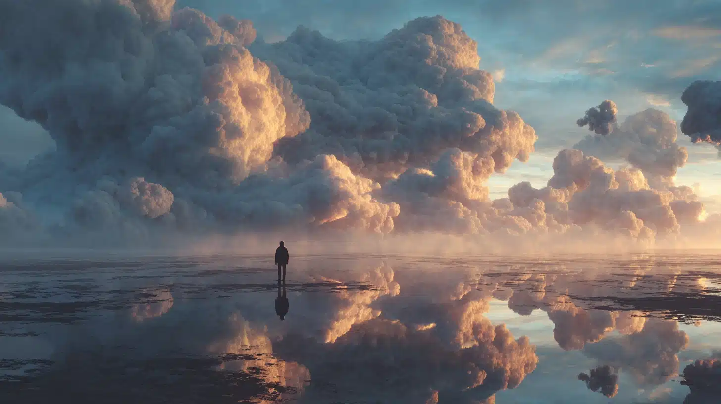 Surreal digital artwork with dreamlike imagery, unusual scale, and strange cinematic lighting in a calm, atmospheric scene